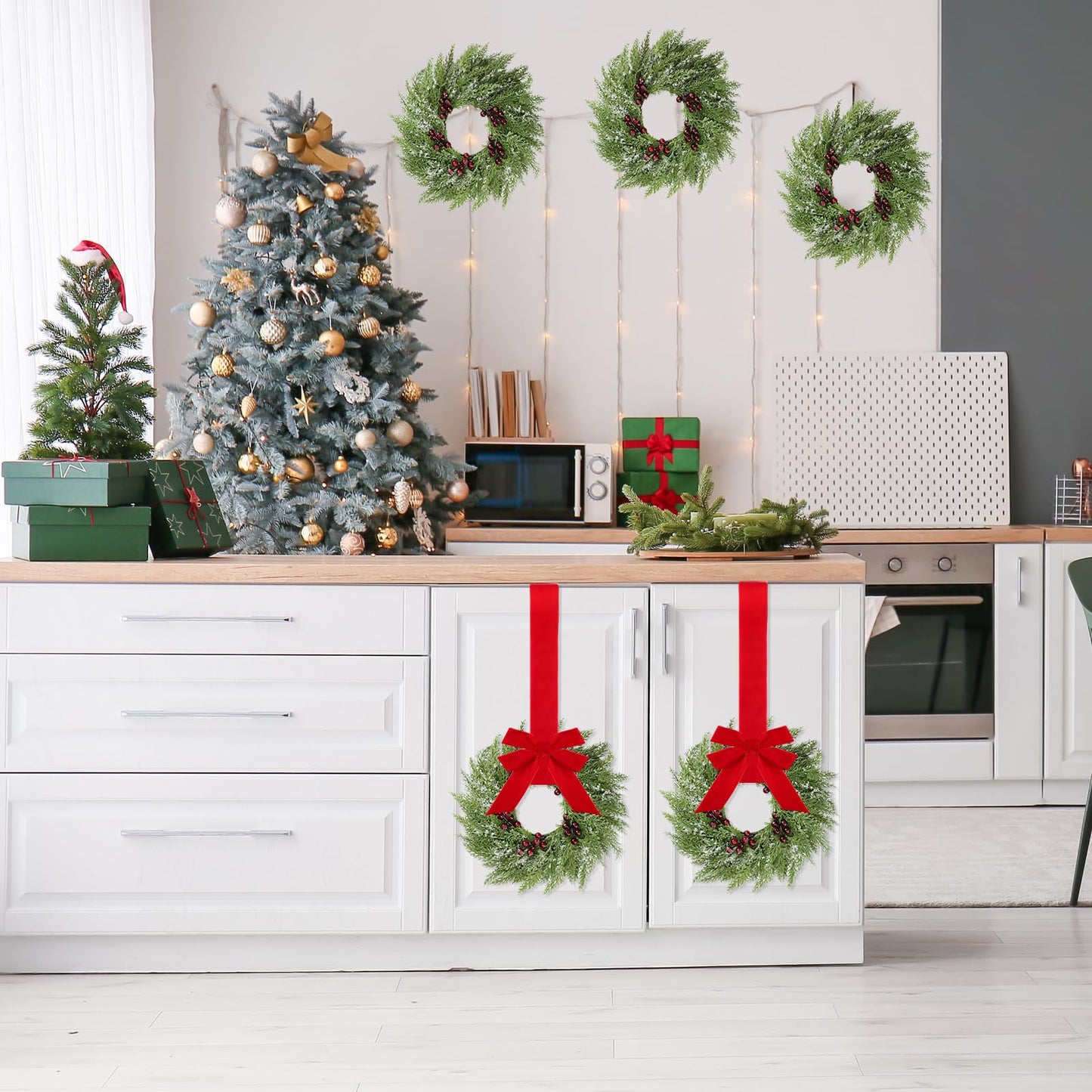 12 Pcs Small Christmas Norfolk Wreaths 15 Inch Christmas Kitchen Cabinet Mini Wreath with Bow Ribbon Cedar Berry for Xmas Front Door Window Chair Fireplace Table Pillar Farmhouse