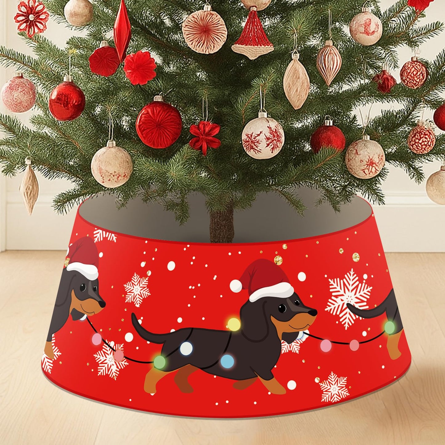 Dog Christmas Tree Collar Dachshund Christmas Decor Red Tree Skirt with LED Light Ring Base Cover for Christmas Trees Decoration Holiday Indoor Outdoor