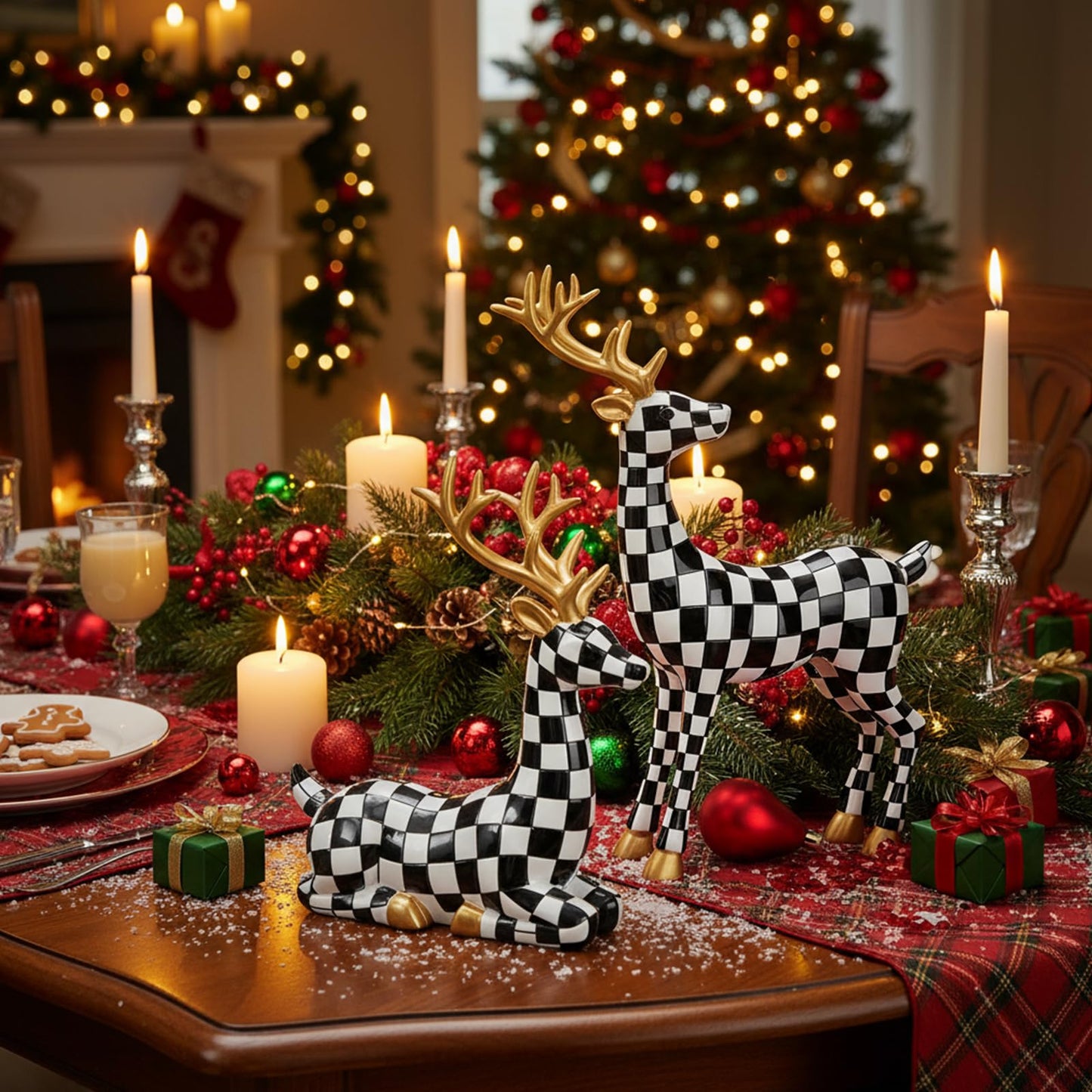 Yookeer 2 Pcs Christmas Reindeer Decoration Small Black and White Grid Deer Figurines Christmas Tabletop Reindeer Statue Centerpiece Ornaments for Mantel Fireplace Living Room Bedroom Decor