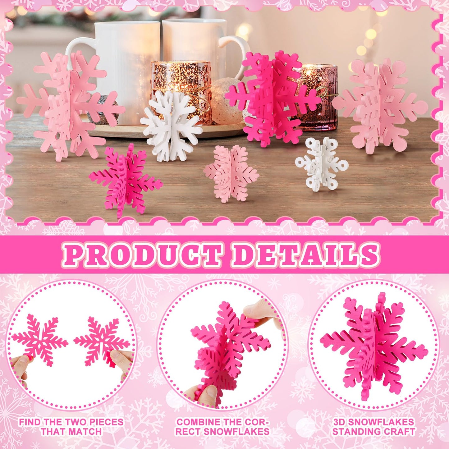 Wenqik 16 Pcs Winter Wooden Snowflake Decor Christmas Winter Snowflake Tabletop Decorations 3D Snow Table Signs Standing Centerpiece Xmas Tiered Tray Decorations for Party(White,Pink)