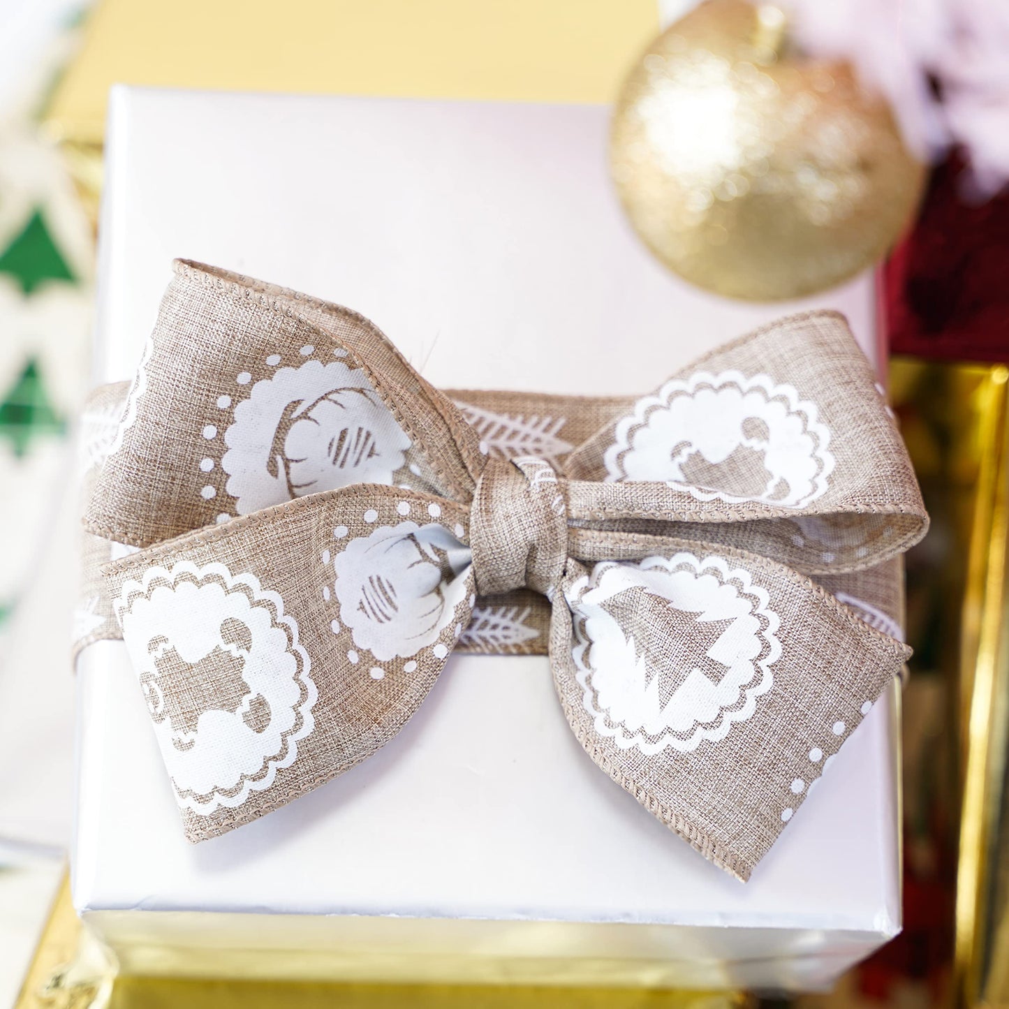 MEEDEE Burlap & White Print Ribbon - Wired Burlap Ribbon, 2.5 Inch, 6 Rolls, 36 Yards - Christmas Tree & Wreath Decorations