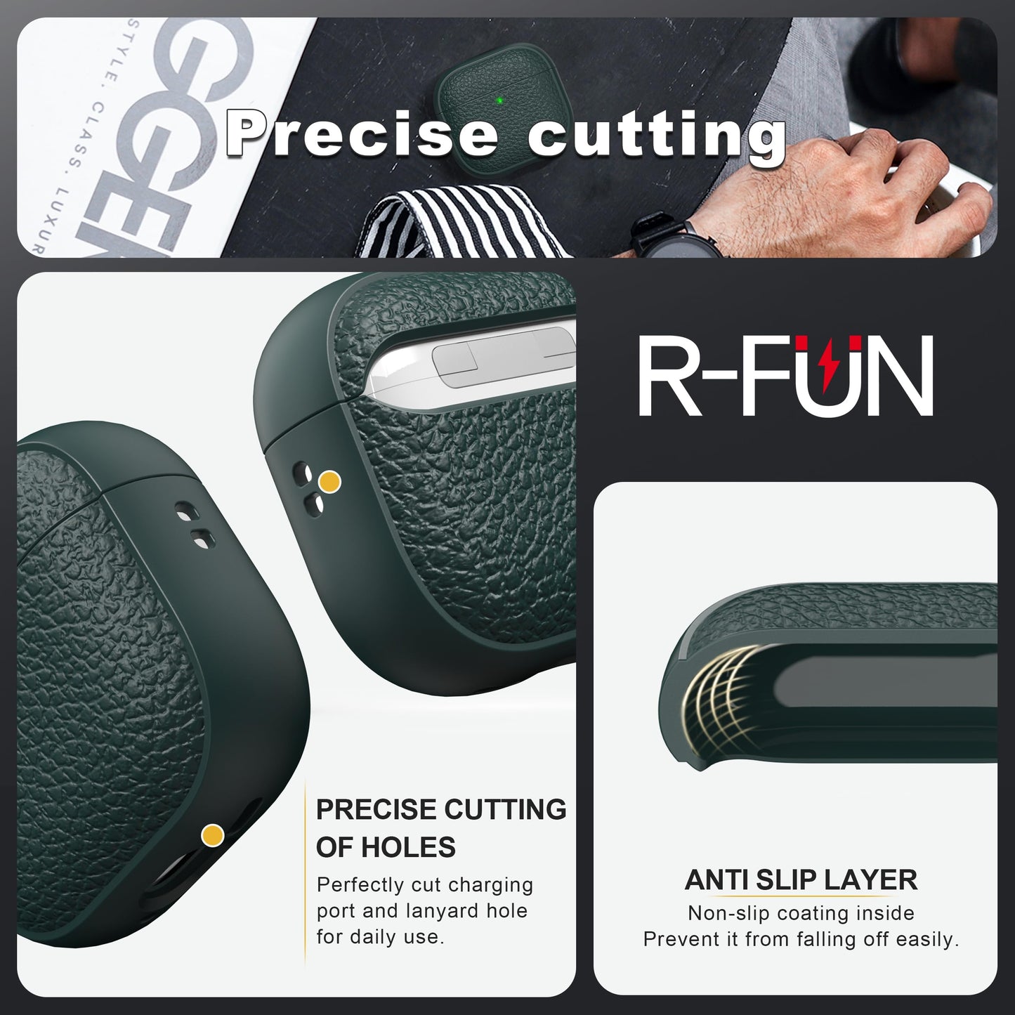 R-fun for Airpods 4 Case, Soft TPU (Leather-Like Design) Drop Protection Cover for Men and Women with Lanyard and Cleaner Kit, Compatible with Apple Latest Airpods 4th Gen(USB-C)(2024)-Green
