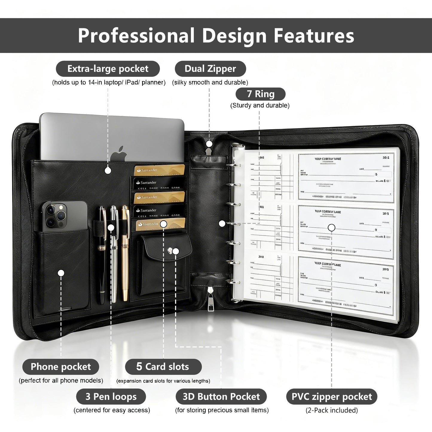 Toplive Zippered 7 Ring Business Checkbook Binder Extra-Large, 2Pack 7-Hole Pouch, 600 Checks Capacity, PU Leather Check Book Binder Cover with Multi-Pocket Design for Office & Business Use, Black