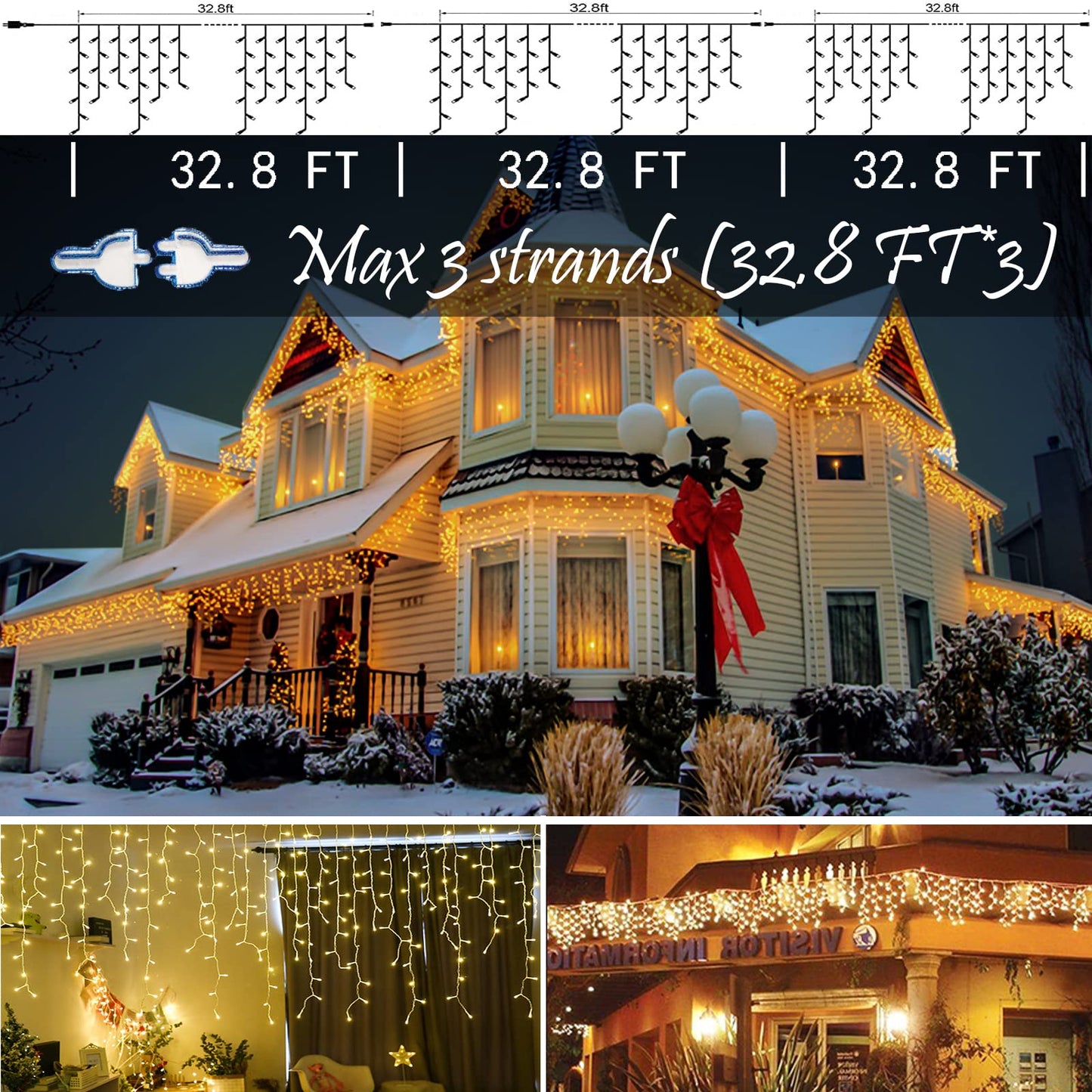 BLOFUN LED Lamps Outdoor Icicle Lights, 32.8 ft 400 LED - 8 Modes Curtain String Lights for Indoor/Outdoor, Wedding, Party, Holiday