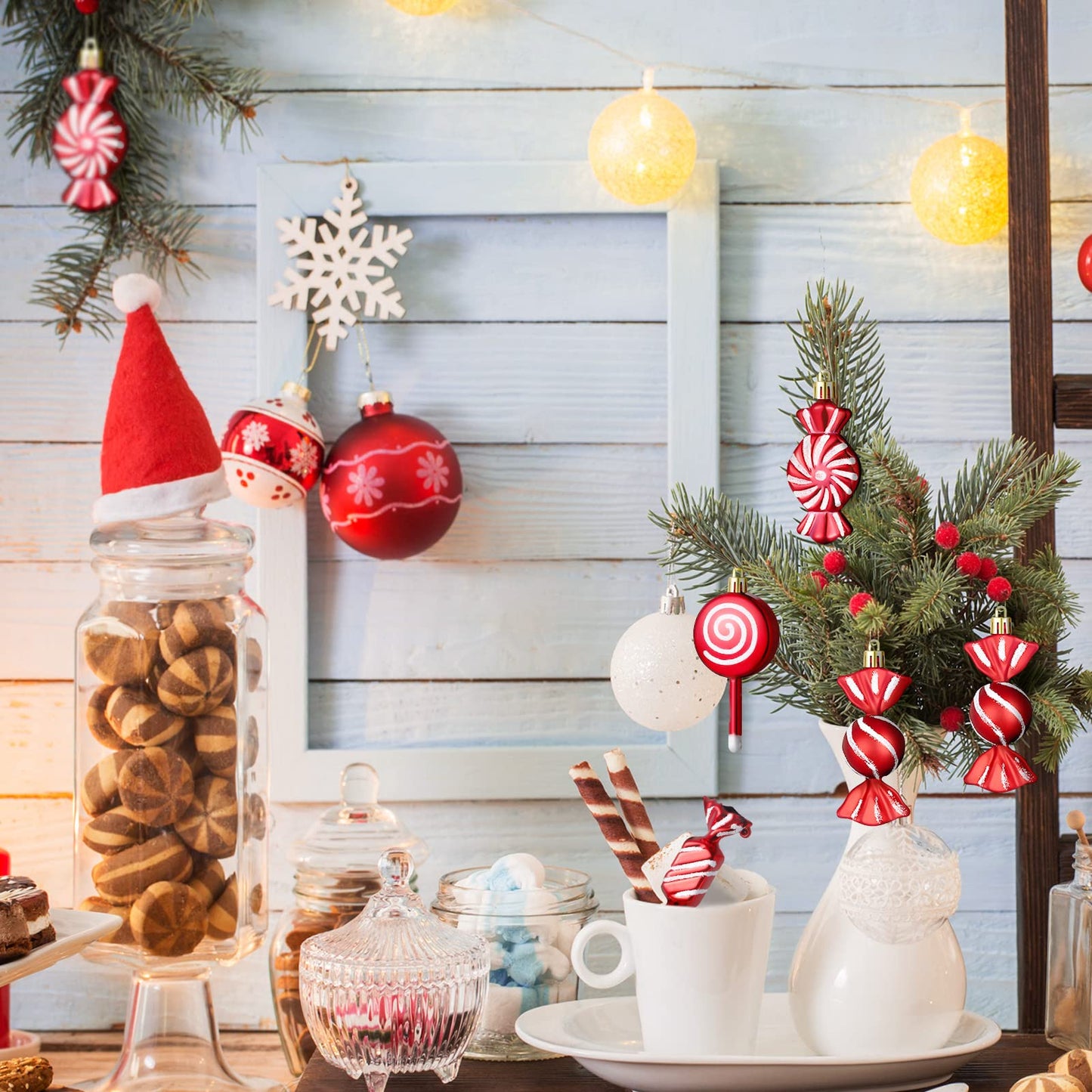 Aoriher 24 Pcs Christmas Candy Cane Ornament Plastic Peppermint Candy Cane Christmas Decorations Xmas Hanging Lollipop Pattern Decorations with Rope for Xmas Holiday Festival Decor(Vivid Style)