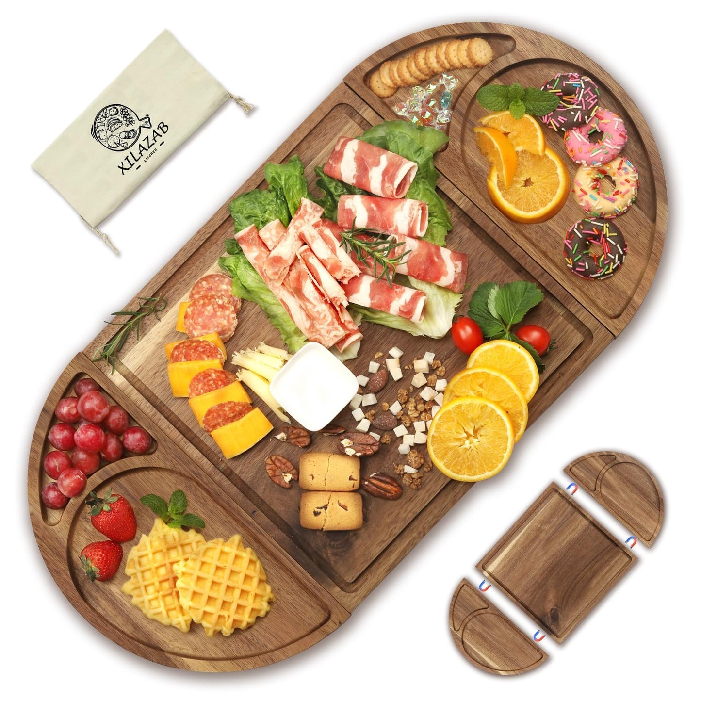 Extra Large Magnetic Charcuterie Board Cheese Board Gift Set 3 Part Square & Round & Heart Shaped Charcuterie Cheese Boards Wooden Tray Serving Board Platter for Valentine (Acacia-Wood)