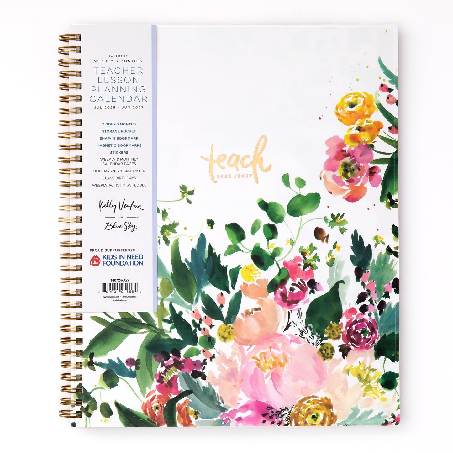 Blue Sky Kelly Ventura 2026-2027 Weekly and Monthly Academic Year Teacher Lesson Planner Calendar, July 2026 - June 2027, 8.5" x 11", Flexible Cover, Wirebound, Laminated Tabs, Storage Pocket, Magnetic & Snap In Book Marks, Includes Stickers, Summertime B