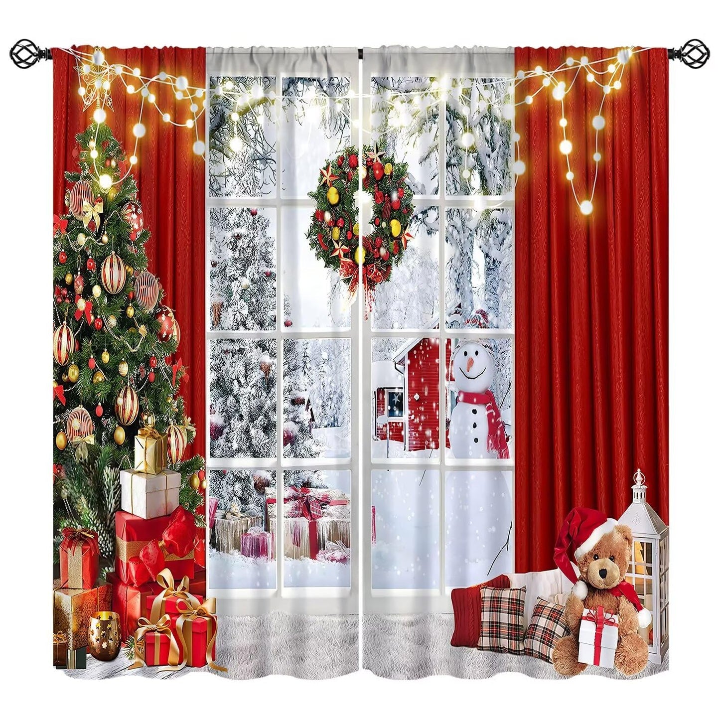 FengMingRui Merry Christmas Curtains Winter Festival Snowman Christmas Tree New Year Christmas Window Treatment Bedroom Living Room Decoration Blackout Decor Window Drapes 42" W X 63" L