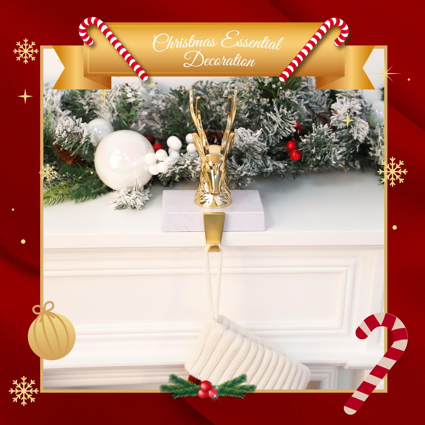 Komiikka Christmas Stocking Holders for Mantle Set of 2, Reindeer Metal Mantel Stockings Hangers Hooks for Xmas Shelf Fireplace Toppers Decorations (Chrome Gold)