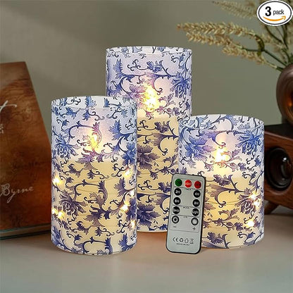 Printed Flameless Candles with String Lights - Set of 3 Blue and White Battery Operated Candle Flickering Floral LED Pillar Candles with Timer Remote for Home Decor Romantic Ambiance,BW