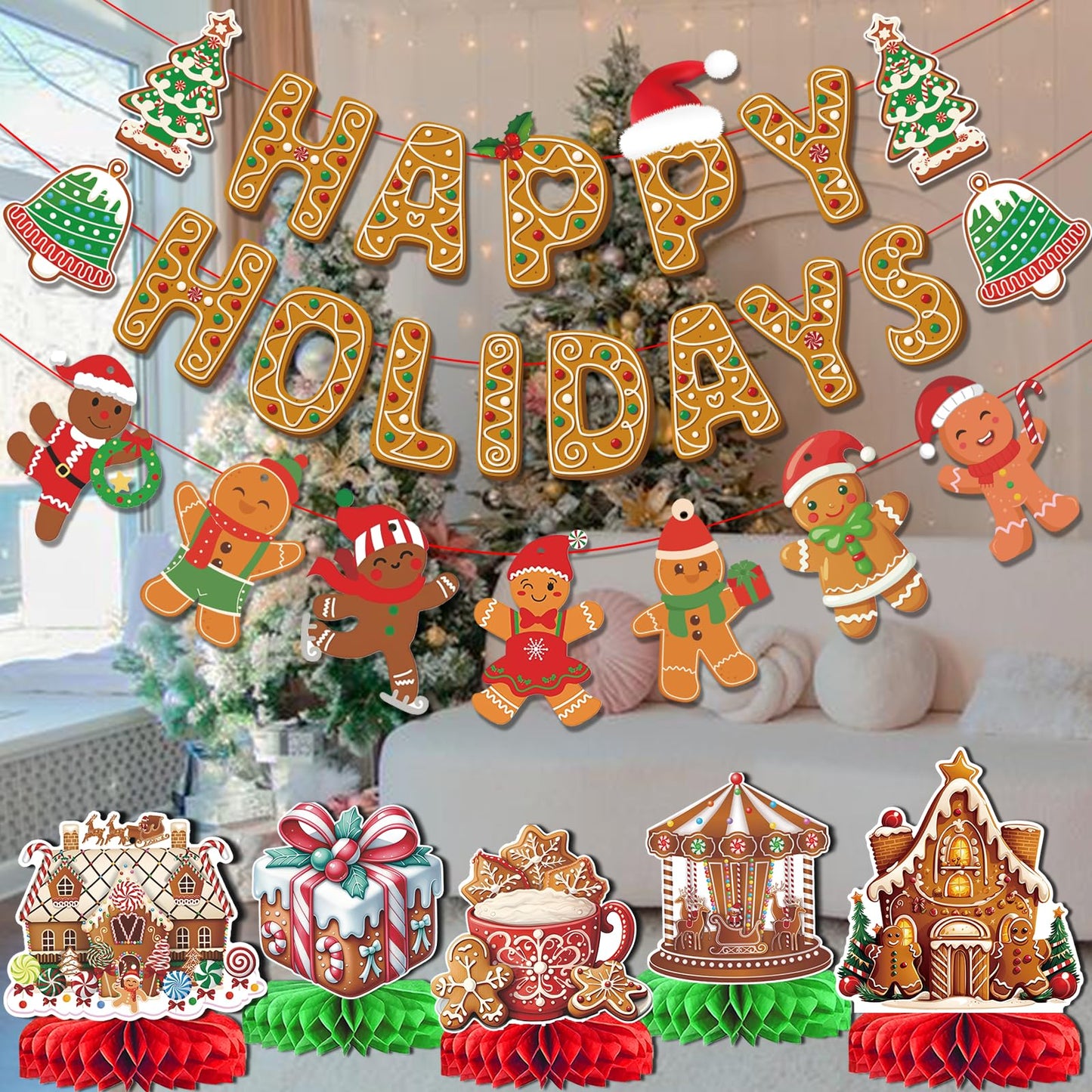 Happy Holidays Banner and Decorations - Gingerbread Christmas Banner and Decorations for Holidays