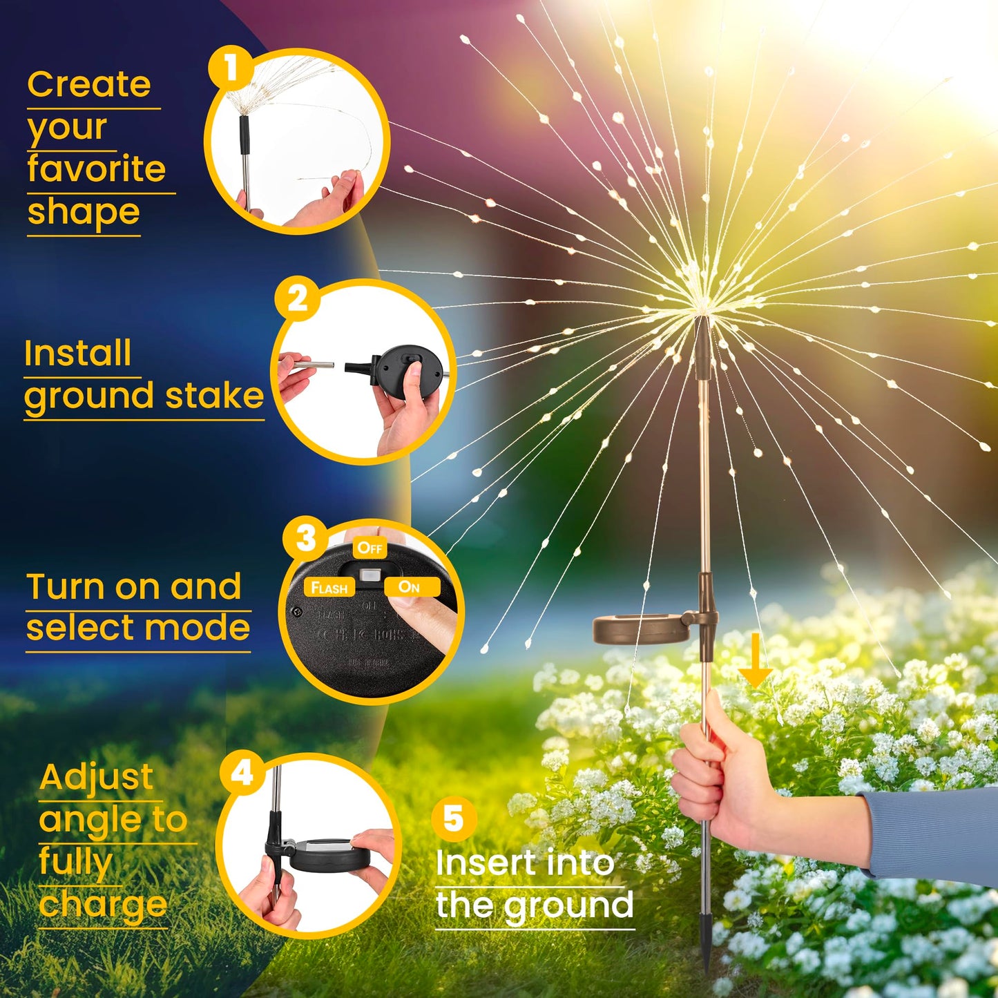 GIGALUMI Garden Decor Outdoor Lights 120LED 8Pack, Solar Garden Lights Outside Fairy Firework Decorative,Solar Powered for Yard Pathway Flowerbed Planter Balcony Patio 4th of July Decor (Multicolar