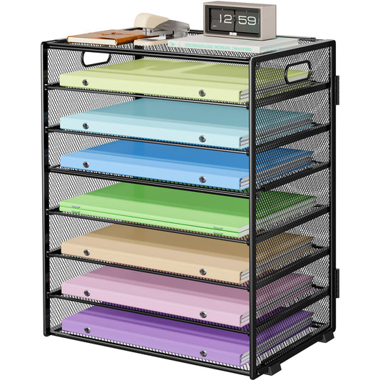 Biciyarn 8 Tier Paper Organizer with Handle, Metal Mesh Desk File Organizer, Large Capacity Desk Organizers Paper Letter Tray Desktop Document Sorter for Office, Home or School - Black