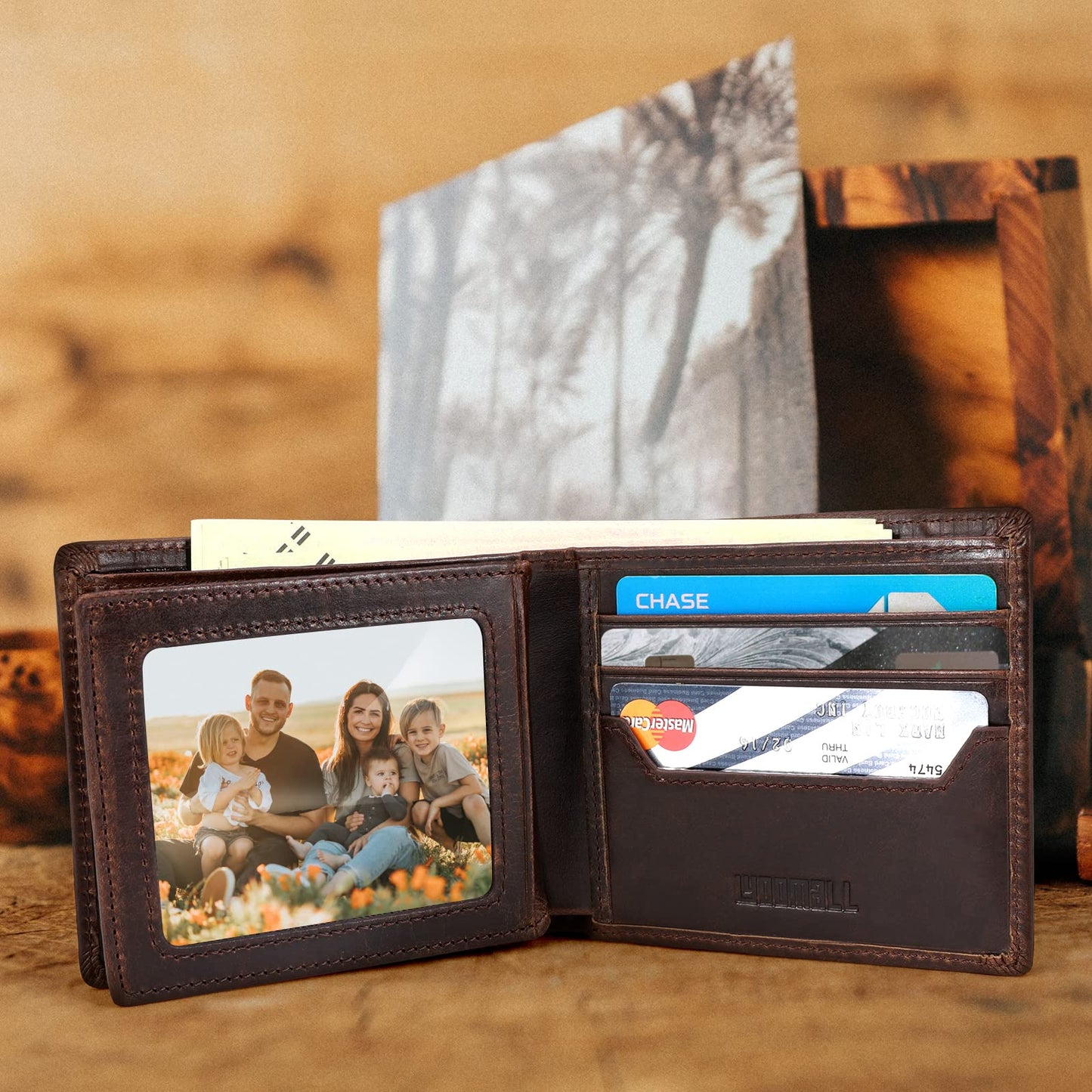 LYOOMALL Wallet for Men, Large Capacity Genuine Leather RFID Blocking Bifold Wallet/Credit Card Holder for Men, with Coin Pocket, Zipper Cash Pocket, ID Window and 10 Card Slots (Coffee)