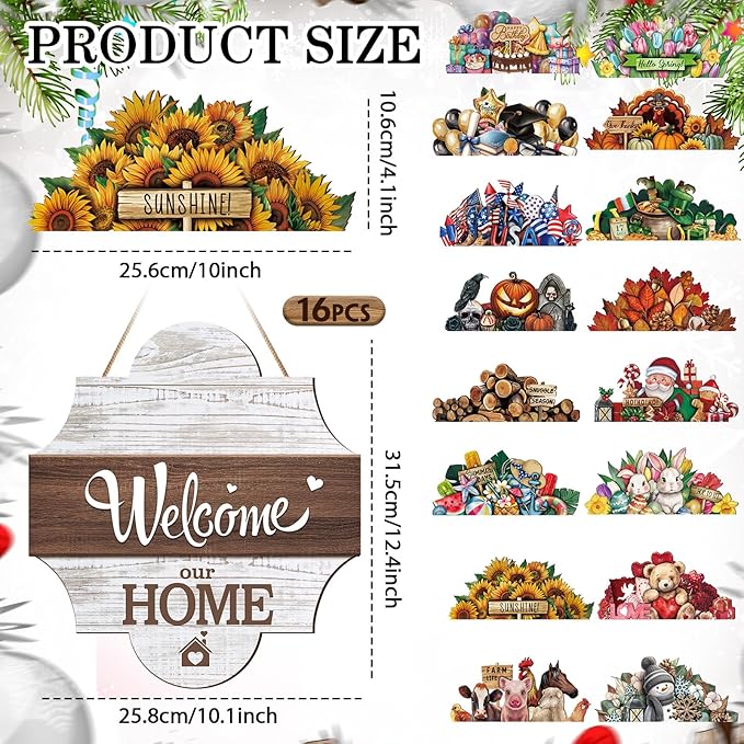 Yousoontic 17 Pcs 12 Inch Magnetic Welcome Door Sign Interchangeable Front Door Decor Rustic Fall Seasonal Hanging Sign Halloween Christmas Decor for Home Warming Gift(Bright Color,Classic Welcome)