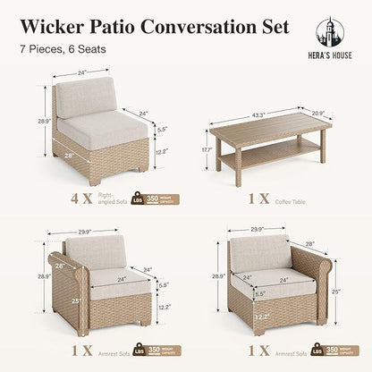 HERA'S HOUSE Patio Furniture Set 7 Piece, Outdoor Sectional Wicker Sofa with 44" Coffee Table All Weather 6 Seats, 5.5" Thick Waterproof Cushion Modular Conversation Set for Garden Deck Backyard