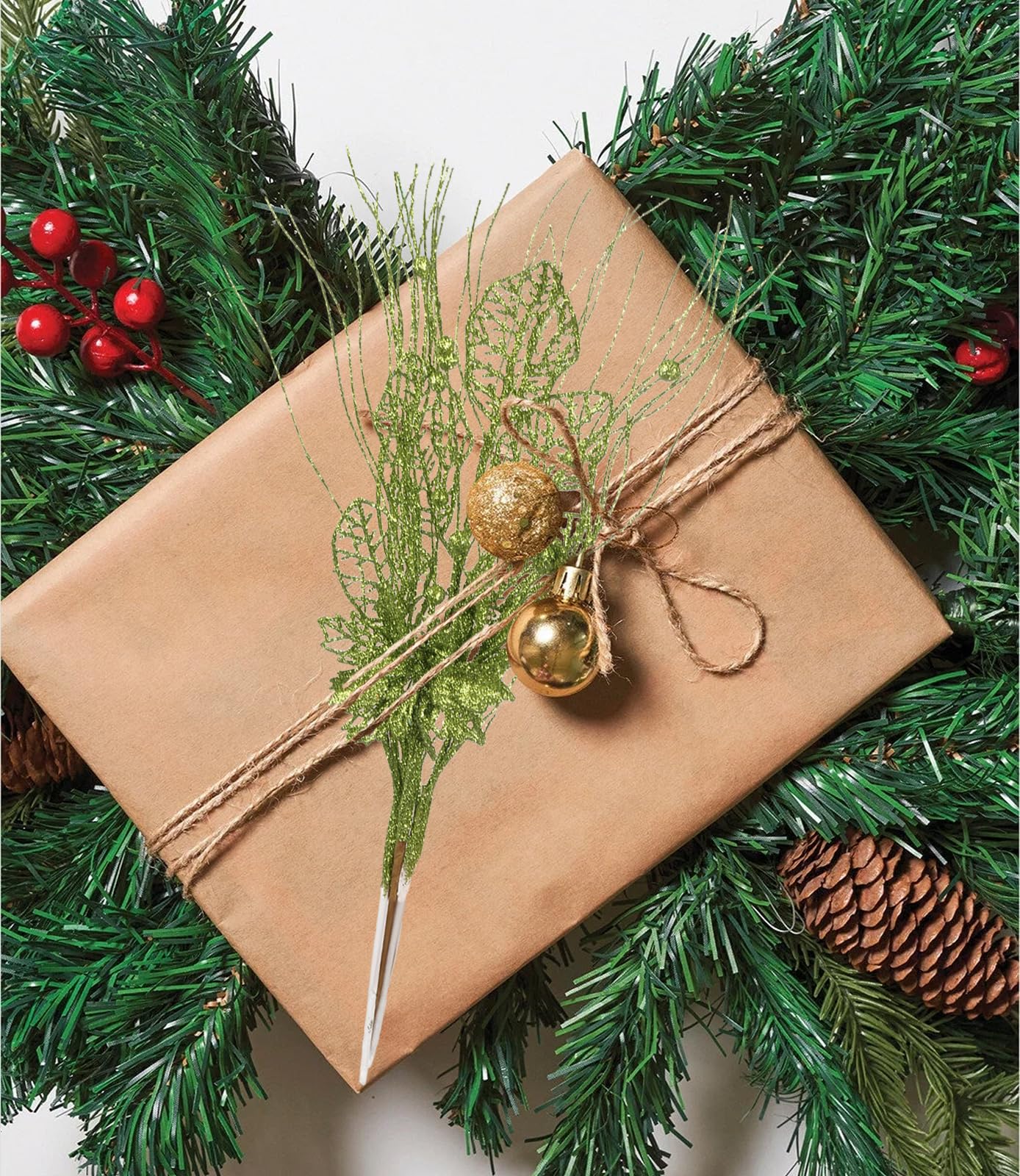 IPOPU 18 Pcs Christmas Tree Picks and Sprays, Green Giltter Berry Flowers Stems 17.7" Artificial Curly Willow Branches for Xmas Wreath Decorations Vase Filler Holiday Centerpieces (Green)