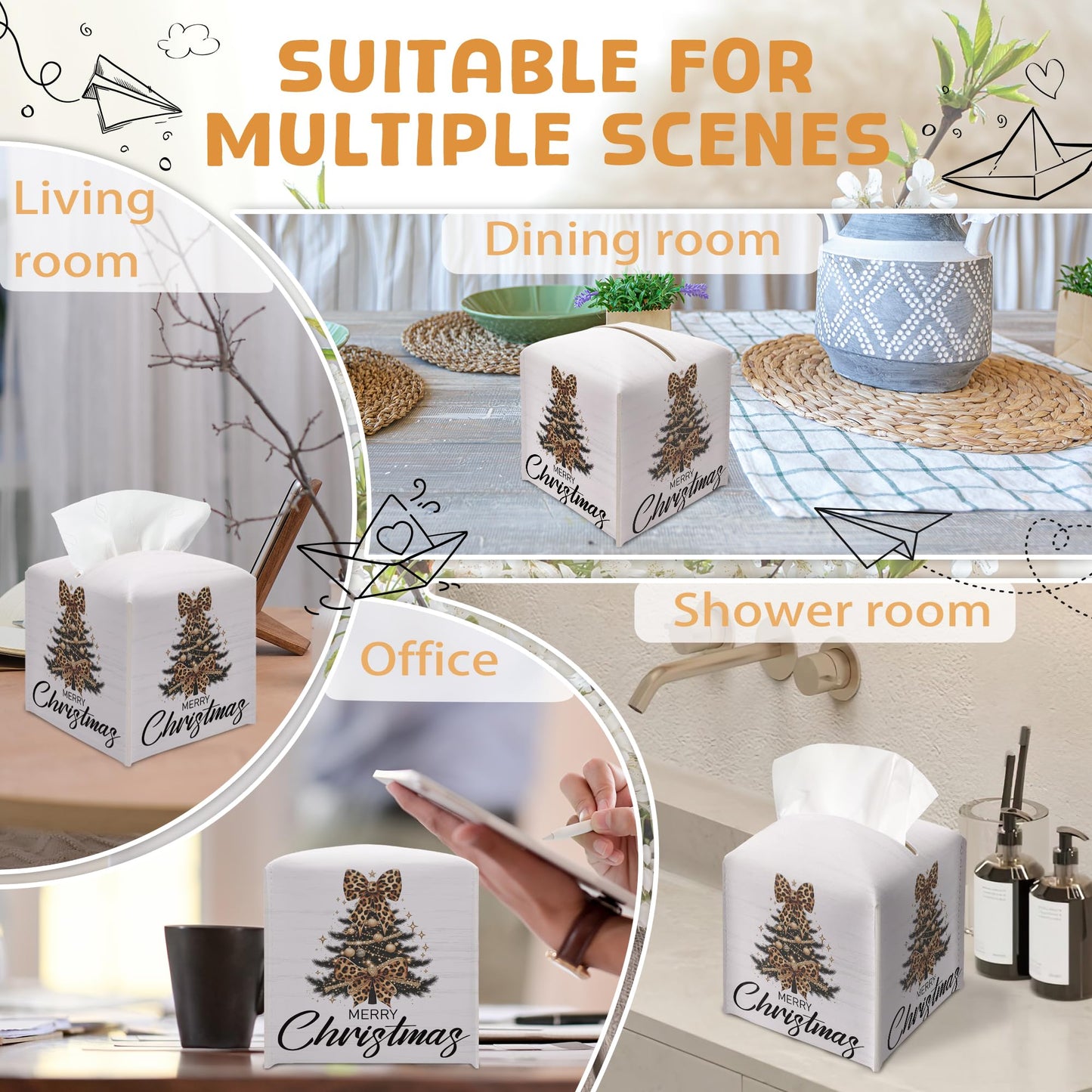 Christmas Tree Tissue Box Holder, Leopard Print Christmas Tree Leather Tissue Box Cover Square, Paper Facial Decorative Tissues Cover for Night Stands Bathroom Office Home Decor-B13