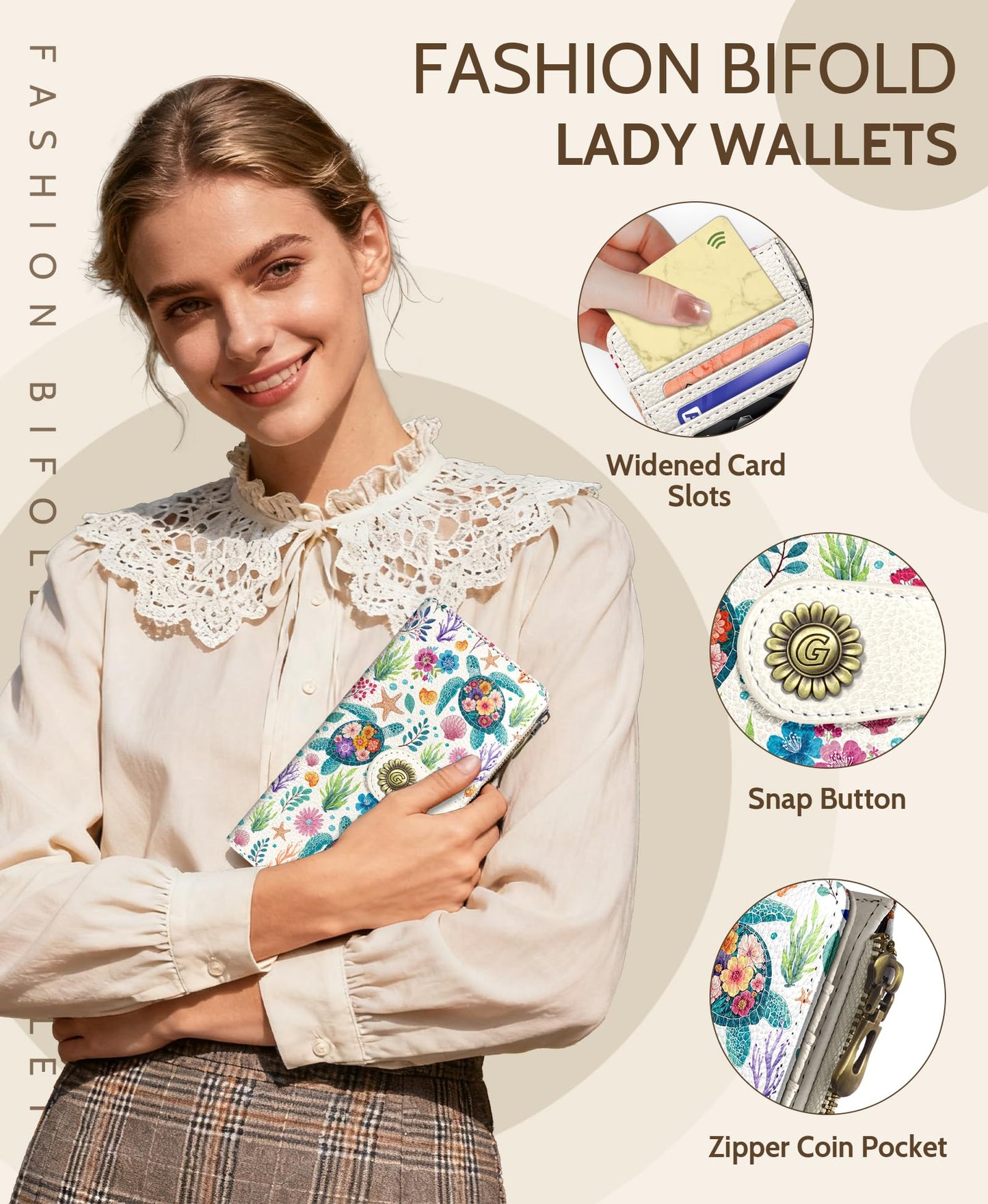 GIANCOMICS Sea Turtle Womens Wallet RFID Blocking, Credit Card Holder Bifold, PU Leather Travel Billfold, Long Cute Cash Purse, Zipper Coin Pocket Clutch, 1 ID Window, 11 Card Slot, Ladies Gift Woman