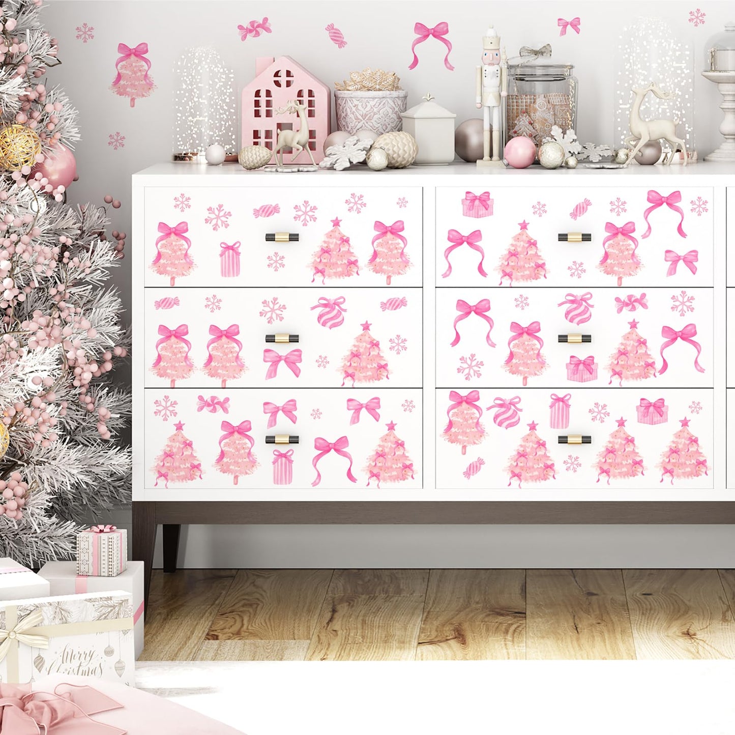 Pink Christmas Wall Stickers Xmas Tree Wall Decals Peel and Stick Bow Sticker for Walls Decoration Indoor Bowtie Decals for Crafts Snowflakes Coquette Art Murals for Girls Bedroom Living Room Decor