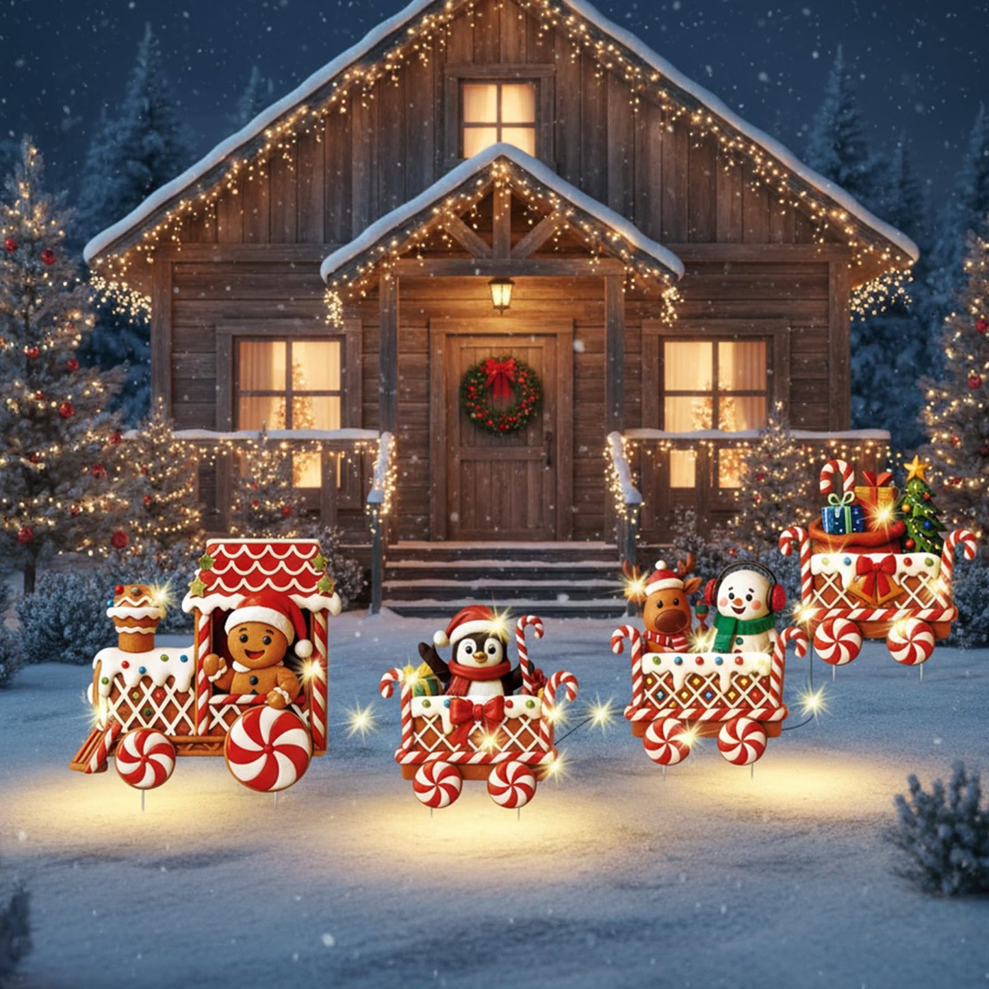 Marsui 4 Pcs Christmas Train Decoration Yard Sign with 4 LED Light Lawn Sign Christmas Red Gingerbread Penguin Snowman Train Set with 8 Stake for Xmas Garden Outdoor Holiday Party Decor