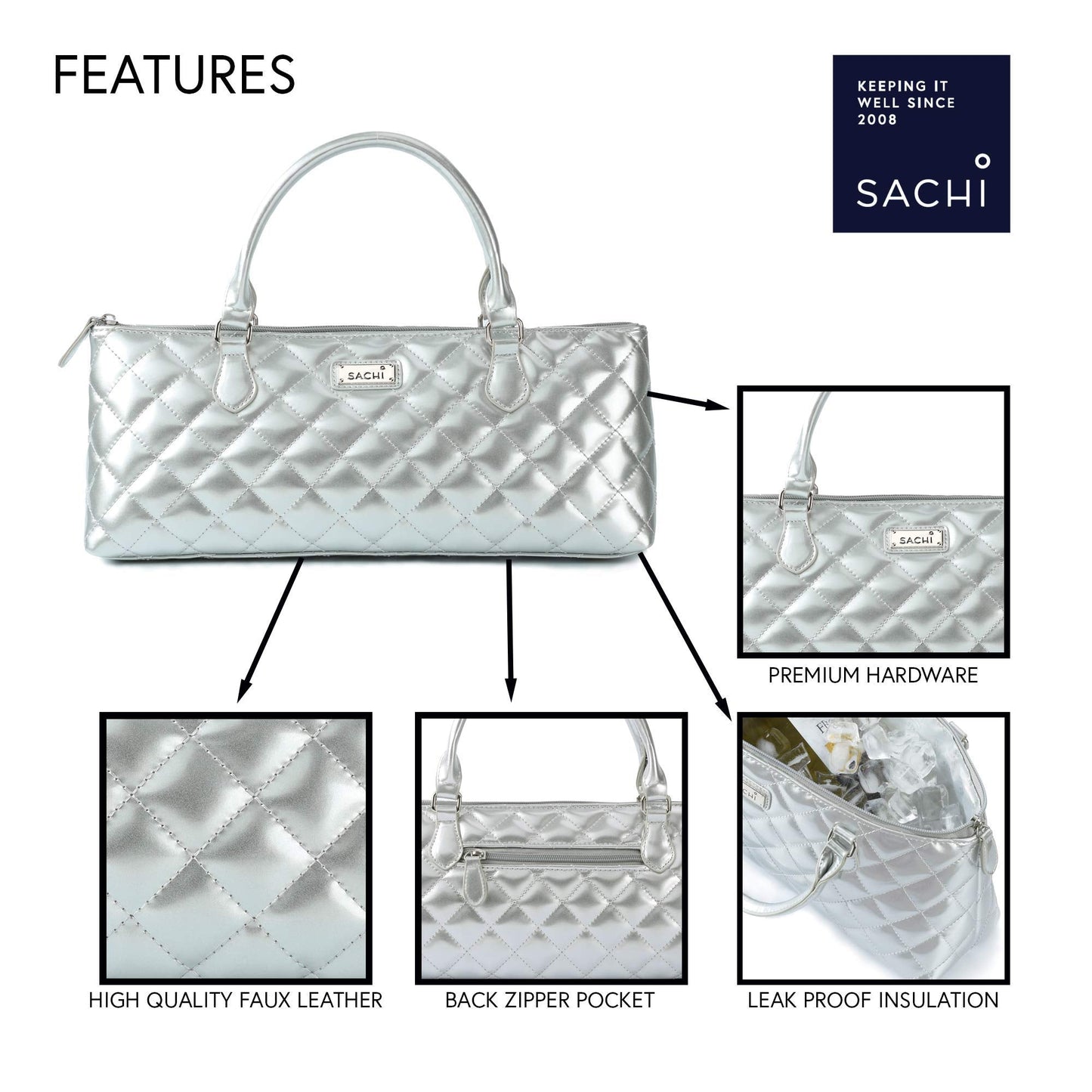 Sachi La Soir'ee Faux Leather Insulated Wine Purse Clutch Tote Handbag | Stylish Women's Wine Carrier Cooler Bag (Silver Quilted)