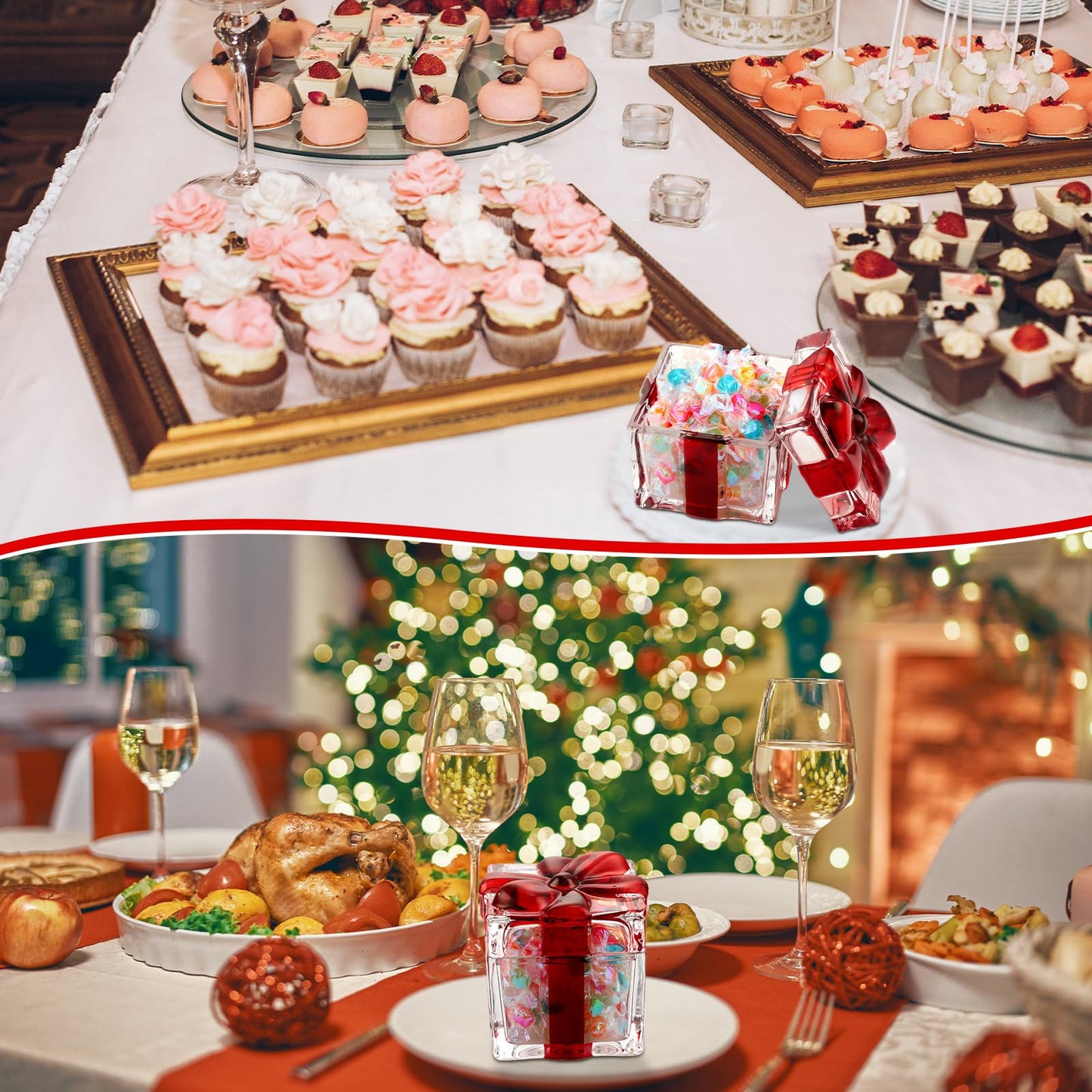 Suttmin 2 Pcs Peppermint Candy Christmas Dishes 4. 7" Crystal Box Glass Jar with Lid Red and White Dish Christmas Gift Dishes Xmas Square Sugar Bowl for Xmas Peppermint Candy Party Supply