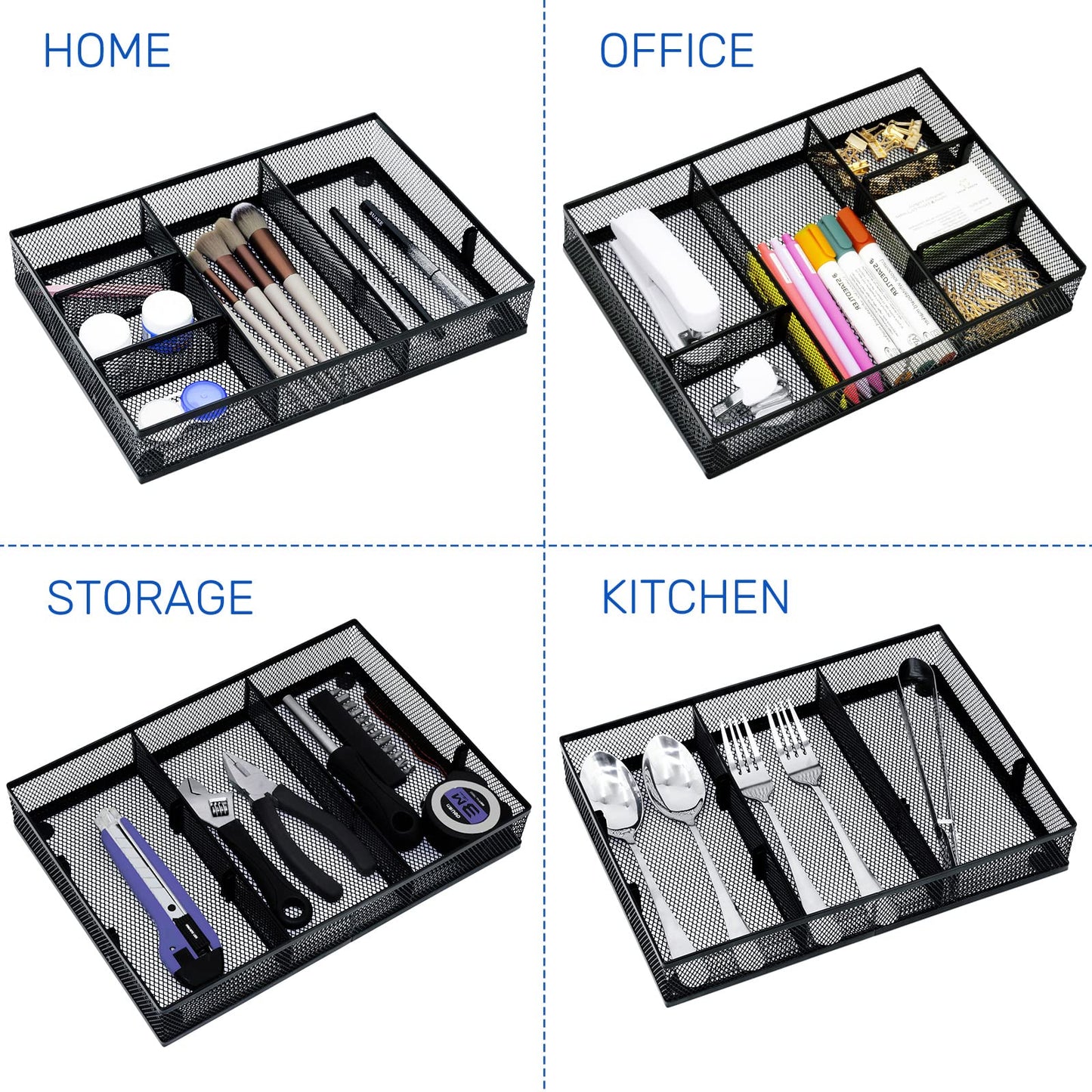 Neudeco Desk Drawer Organizer with 6 Adjustable Dividers, Metal Mesh Pen Organizer for Desk Drawer, Office Supplies Tray (Pack of 4, Black)