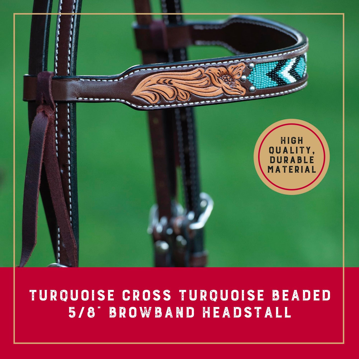 Weaver Equine Turquoise Diamond Beaded Horse Headstall, Leather Headstalls for Horses for Trail Riding, Durable Equine Supplies, Dark Oil