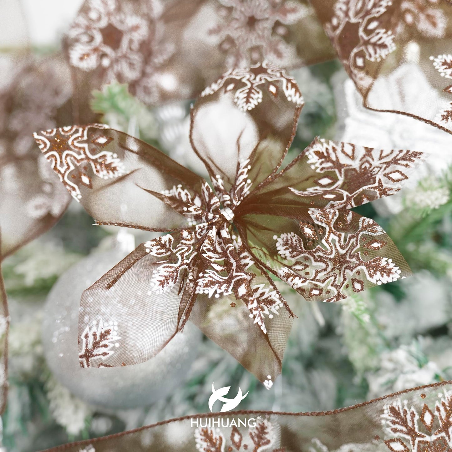 HUIHUANG Snowflake Sheer Wired Ribbon Brown Glitter Snowflakes Ribbon for Christmas Tree Decorations, Bows Making, Wreath, Gift Wrapping, Garlands, Fall Decor- Continuous 25 Yards