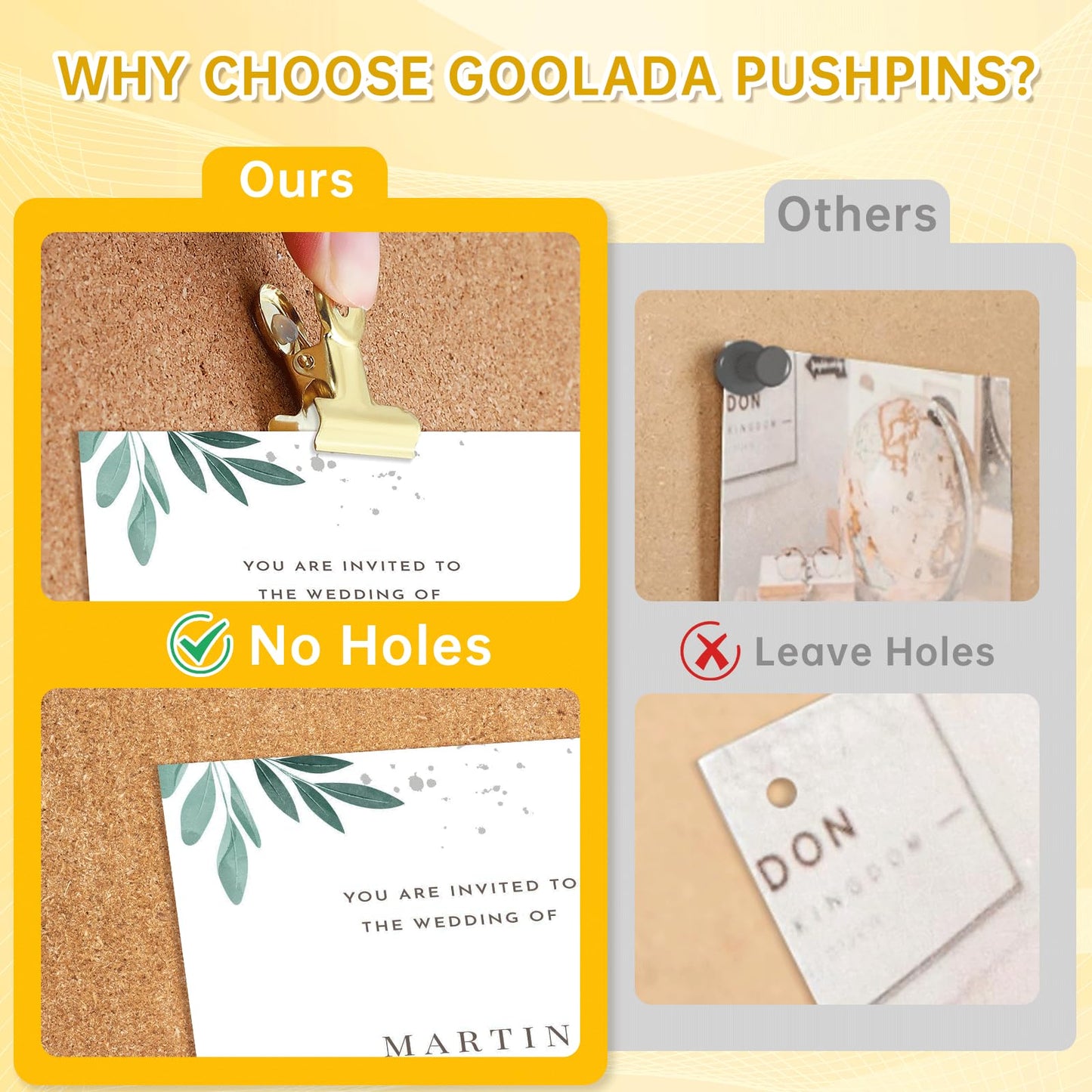GOOLADA 36Pcs Push Pins Clips, Metal Thumb Tacks, Gold Thumbtacks with Clips, Gold Push Pins for Bulletin Board, Wall,Cork Board, No Holes