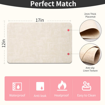 Maxpearl Faux Leather Placemats Set of 6 - Waterproof - Wipe Clean - Heat Resistant - Anti Slip Dining Table Place Mats, Suitable for Indoor & Outdoor Use, 17’’×12’’, Beige
