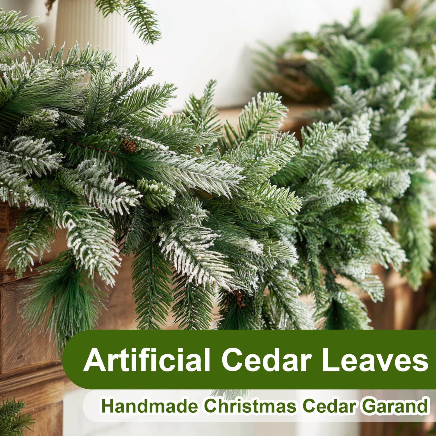 9FT Christmas Garlands Norfolk Pine Garland, Real Touch Artificial Winter Pine Garlands with Snowflake, Green Artificial Greenery Garland for Table, Wall, Mantle, Indoor, Outdoor Christmas Decorations