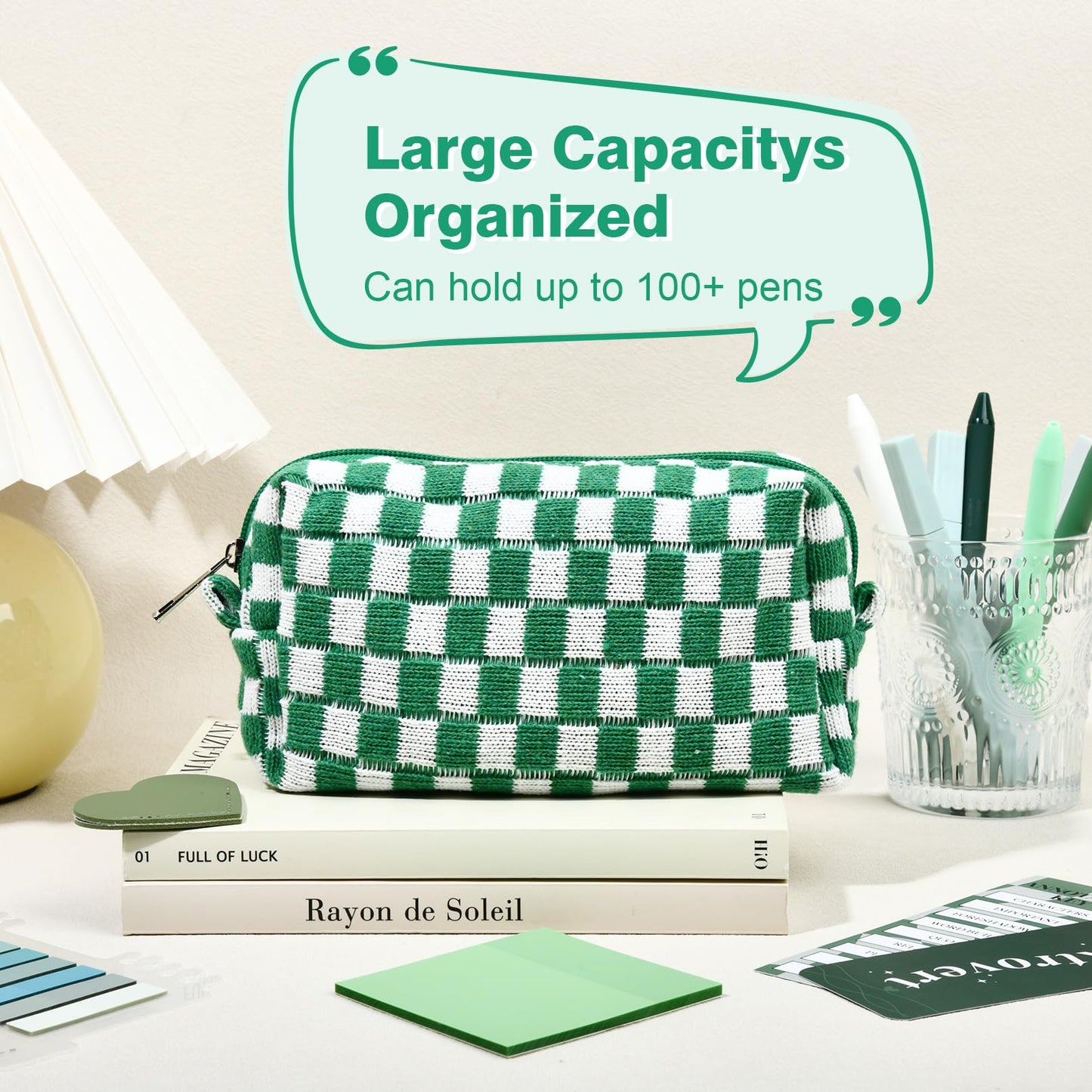 14 PCS Aesthetic Book Annotation Kit Large Checkered Pencil Case Book Lover Bookmark Dual Highlighters Gel Pens Study Supplies Stationary Set for Student Green