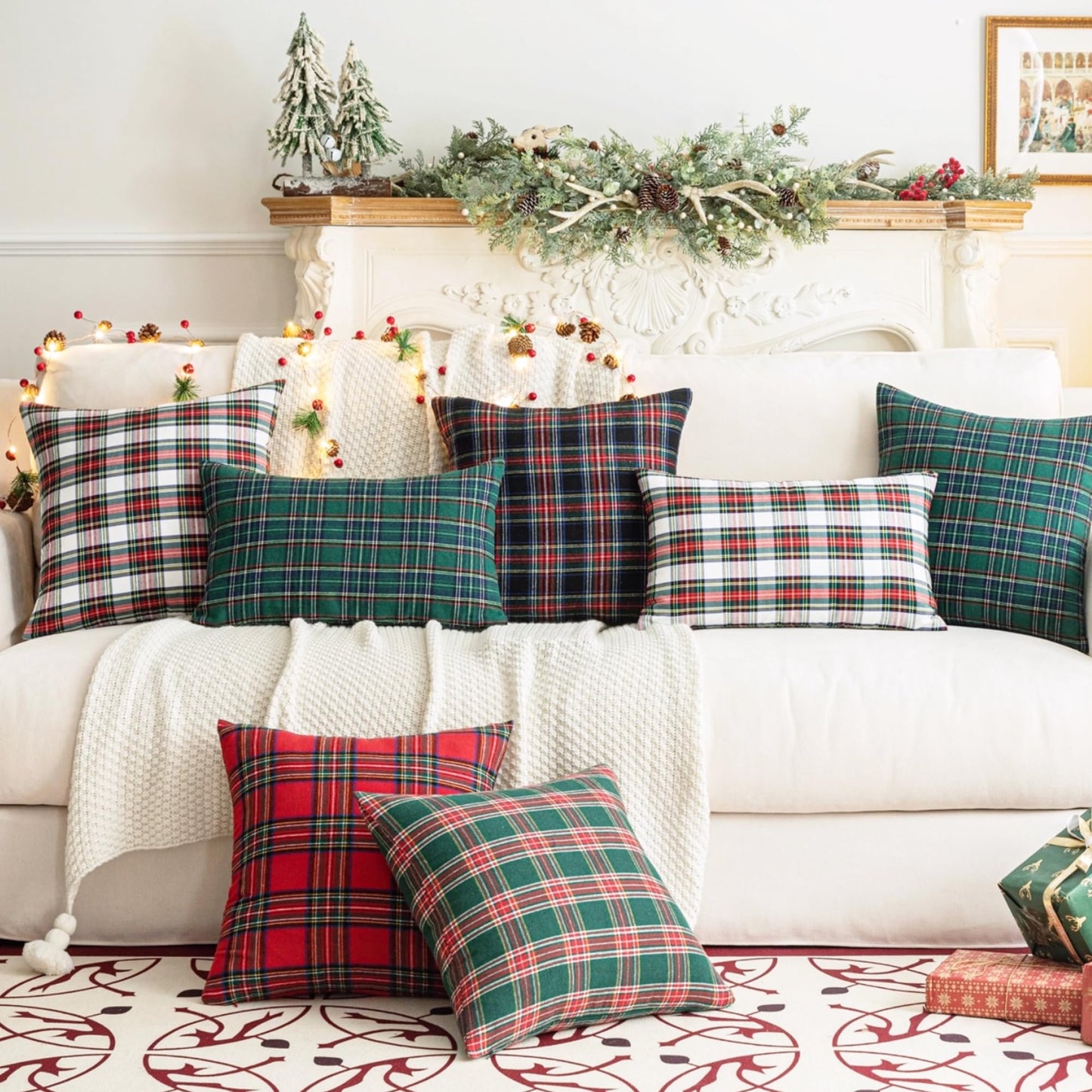 AQOTHES Pack of 2 Christmas Plaid Decorative Throw Pillow Covers Scottish Tartan Cushion Case for Farmhouse Home Holiday Decor Green and Blue, 22 x 22 Inches