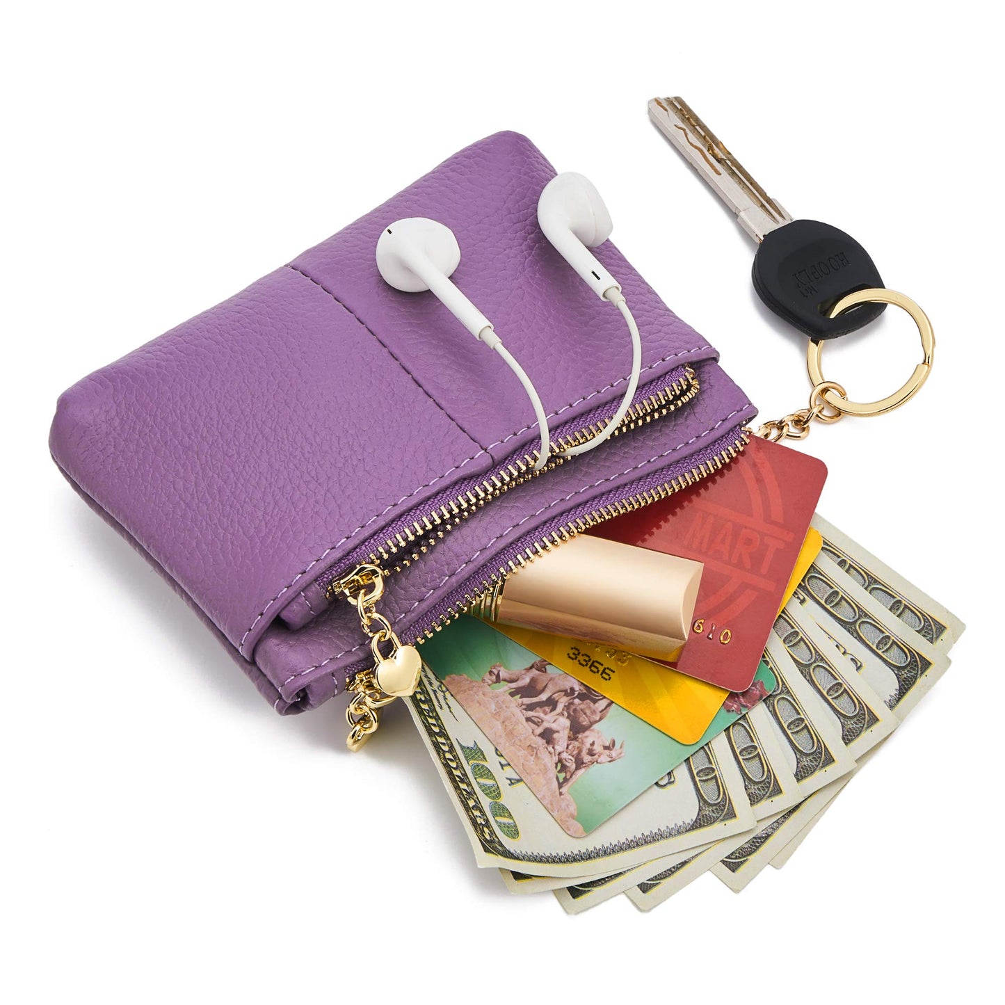 ZOOEASS Coin Purse Women Genuine Leather Zip Mini Purse With Key Ring Triple Zipper Card Holder Wallet(Lavender)