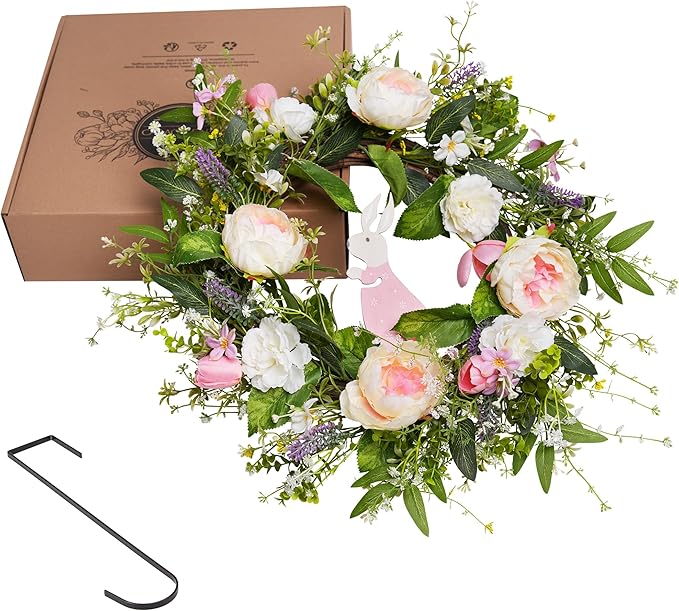Spring Door Wreath for Front Door with Hook 20-22”, Artificial Spring Door Wreath with White & Pink Peony Lavender Rabbit Wood Sign, Summer Wreaths for Windows Wall Romantic Home Déco