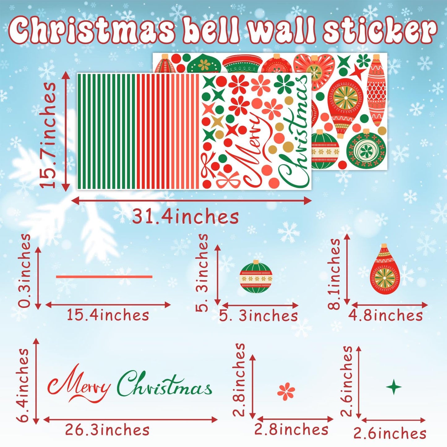 Christmas Bell Wall Stickers Removable Large Xmas Ornament Wall Decals Peel and Stick Merry Christmas Wall Decals Xmas Holiday Wall Stickers Winter Holiday Party Supplies Decorations