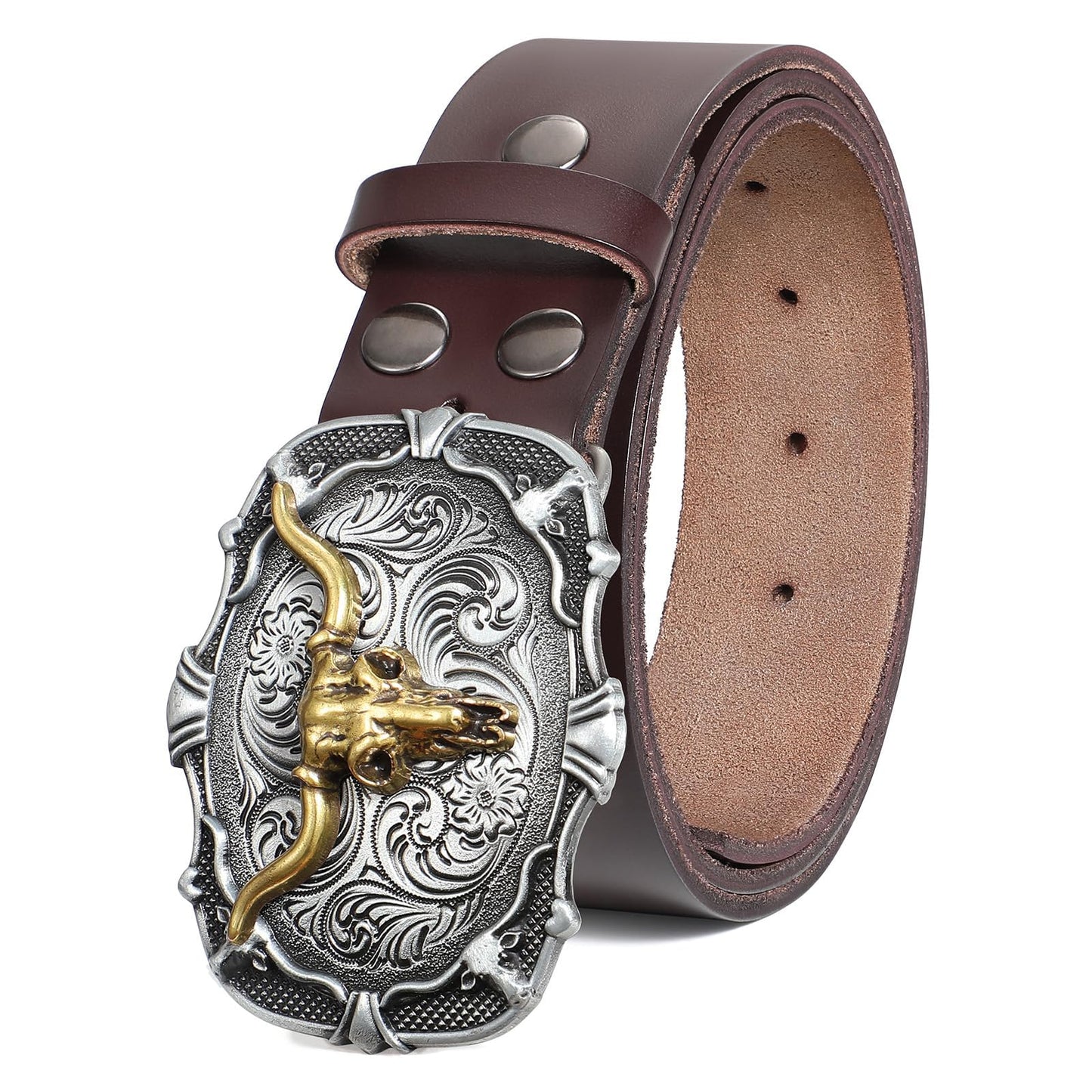 SANSTHS Western Cowboy Cowgirl Belts for Men Women Mens Western Belt Horse/Bull Buckle Country Mexican Leather Belt for Jeans