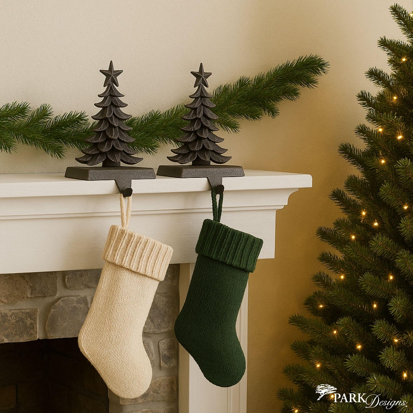 Park Designs Christmas Tree Stocking Hanger Set of 2 | 6" x 0.5" x 6" Cast Metal Mantel Hooks | Iron Finish Holiday Stocking Holders | Rustic Fireplace Décor for Farmhouse or Lodge Christmas Displays