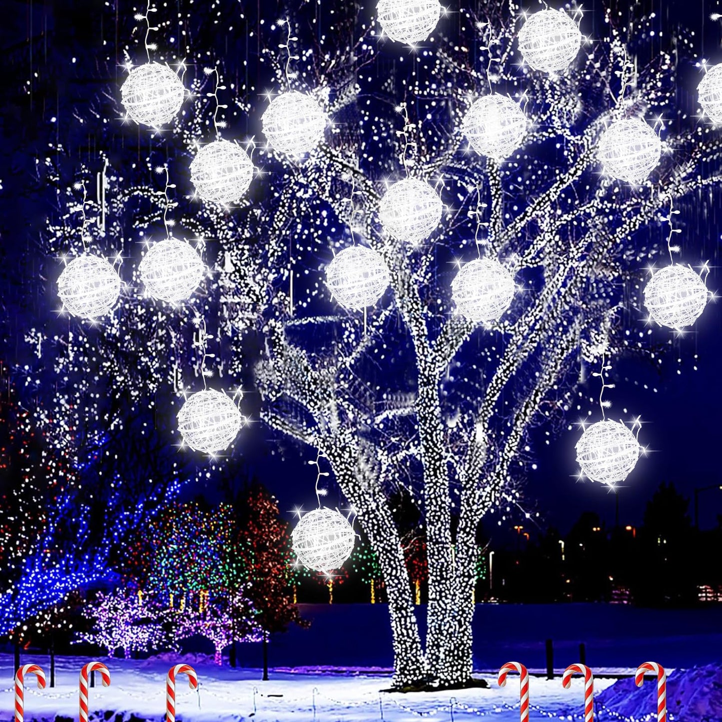 Outdoor Christmas Balls Lights Tree Lights Waterproof, 4 Pack 7.87" LED Hanging Globe Sphere Lights with 8 Lighting Modes Memory Timer Plug for Party Wedding Xmas Porch Patio Garden Yard Decorations