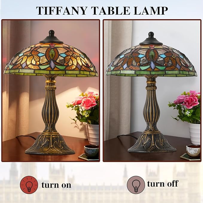 Tiffany Style Table Lamp, 12 Inch Stained Glass Lamp, Antique Table Lamp, Bedside Lamp, for Nightstand Bedroom Living Room Home Office, Include LED Bulb
