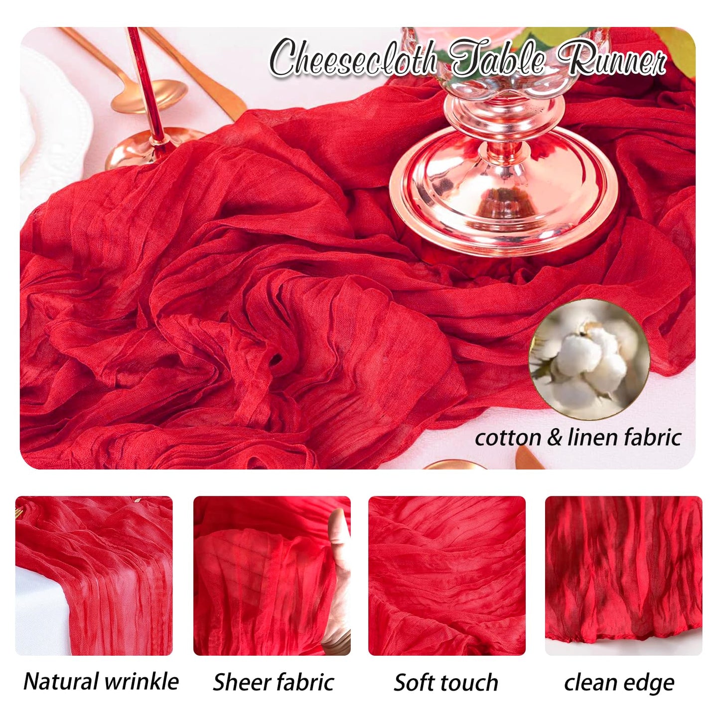 Waligoy Red Cheesecloth Table Runner 2 Pack 35" Boho Gauze Table Runner 120 inches Long Runner Rustic Sheer Fabric Bulk for Baby Shower Wedding Bridal Birthday Party Table Decorations