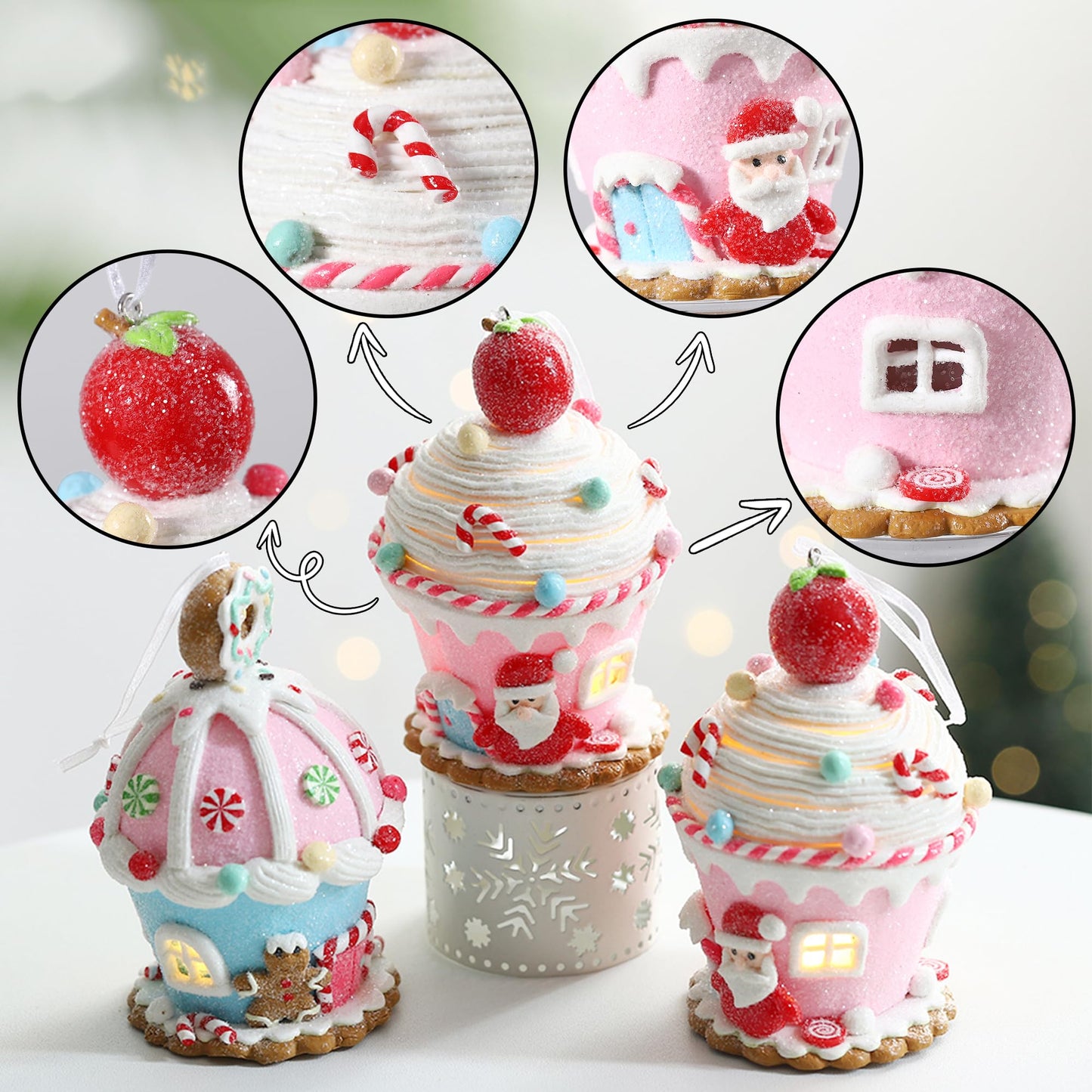 3Pcs Macaron Gingerbread House Ornaments for Christmas Tree, Lighted LED Clay Candy House Hanging Ornaments with Rope for Xmas Holiday Party New Year Home Decor