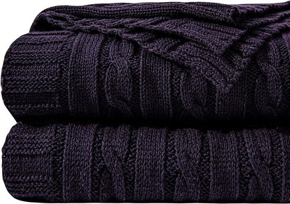 NTBAY 100% Pure Cotton Cable Knit Throw Blanket, Super Soft Warm 51x67 Knitted Throw Blanket for Couch, Sofa, Chair, Bed - Extra Cozy, Machine Washable, Comfortable Home Decor, Eggplant Purple