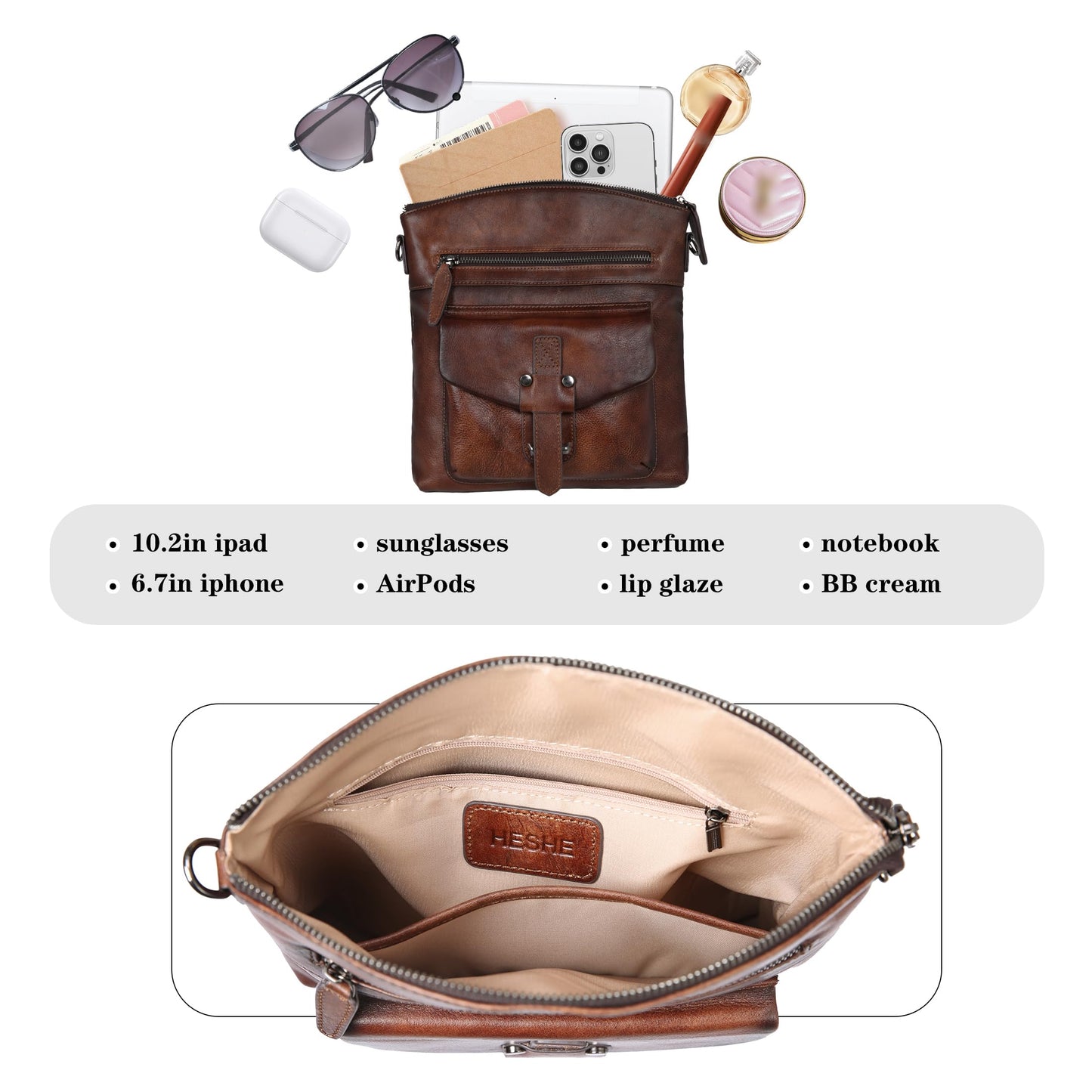 HESHE Crossbody Bags Leather Purse Vintage Shoulder Hangbags Satchel Bag with Multi Pockets Hobo Crossbody Purses(Coffee)