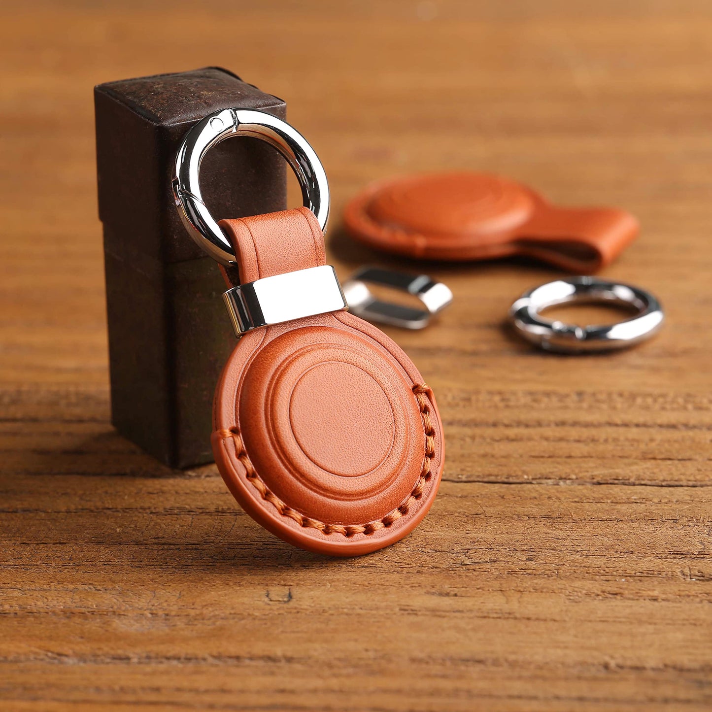 2 Pack LQU Genuine Leather Keychain Holder Compatible with Airtag, Secure Air Tag Keychain Holder Case Cover Key Chain Ring Accessories for Air Tag - Brown V2.0