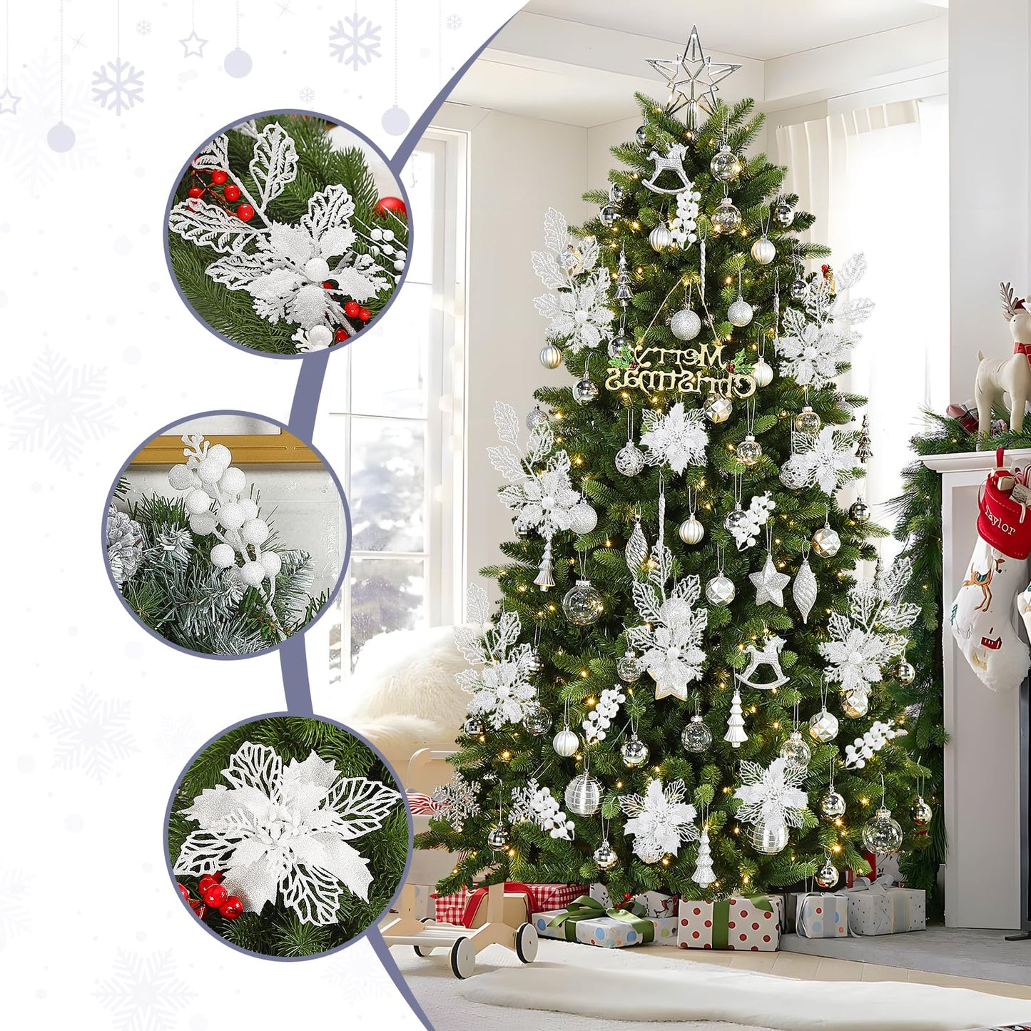 Alupssuc 24 Pcs Artificial Glitter Christmas Tree Picks, Boxed 12 Poinsettia Flowers+ 6 Berry Stems+ 6 Flowers Berry Leaves Decorations Set, Indoor Outdoor Holiday Ornaments Decor, White
