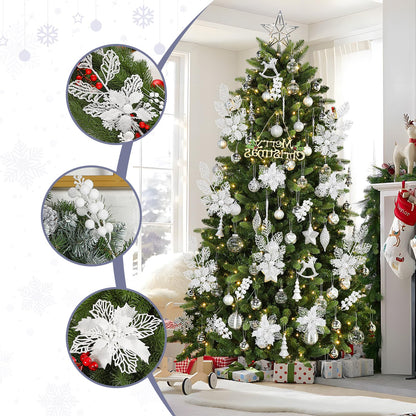 Alupssuc 24 Pcs Artificial Glitter Christmas Tree Picks, Boxed 12 Poinsettia Flowers+ 6 Berry Stems+ 6 Flowers Berry Leaves Decorations Set, Indoor Outdoor Holiday Ornaments Decor, White