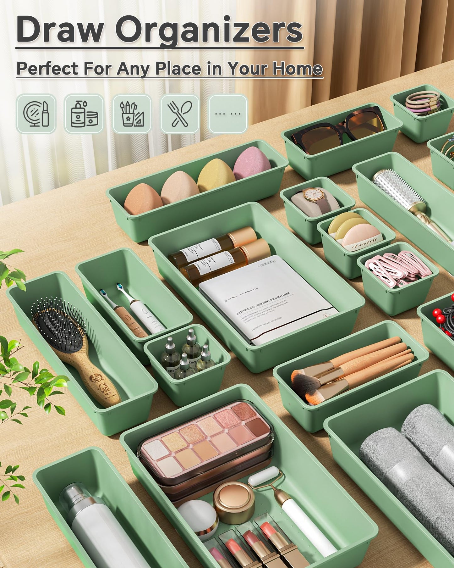 KEMETHY 25 PCS Plastic Drawer Organizers Set, 4 Sizes Vanity Organizer, Makeup and Desk Drawer Organizer Trays, Organization and Storage for Makeup, Bathroom, Kitchen Utensils and Office (Green)